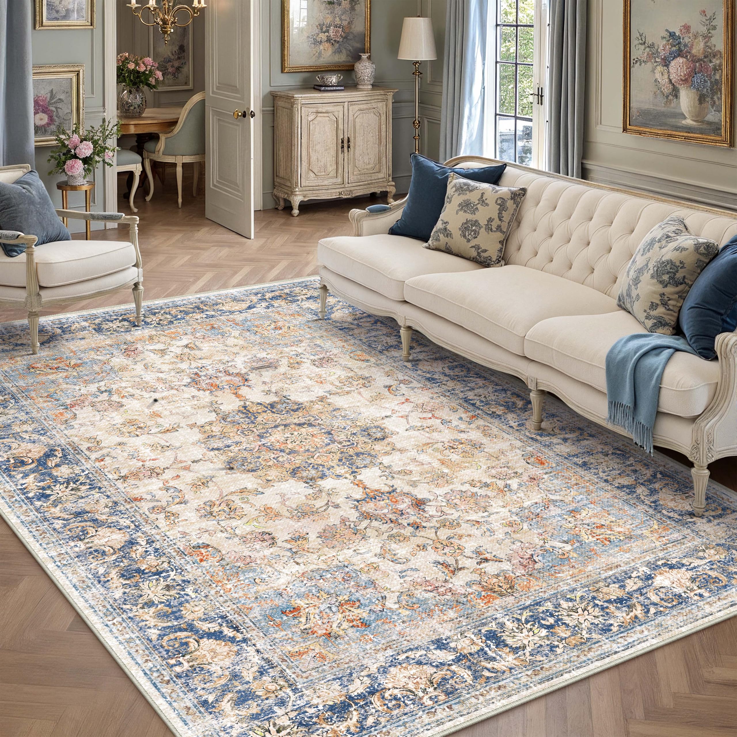 PureCozy Blue Living Room Area Rug, 180x270 cm Machine Washable Non Slip Retro Large Rugs for Kitchen Bedroom Dining Room Office, Soft Low Pile Carpet for Indoor Home Decor — image 1