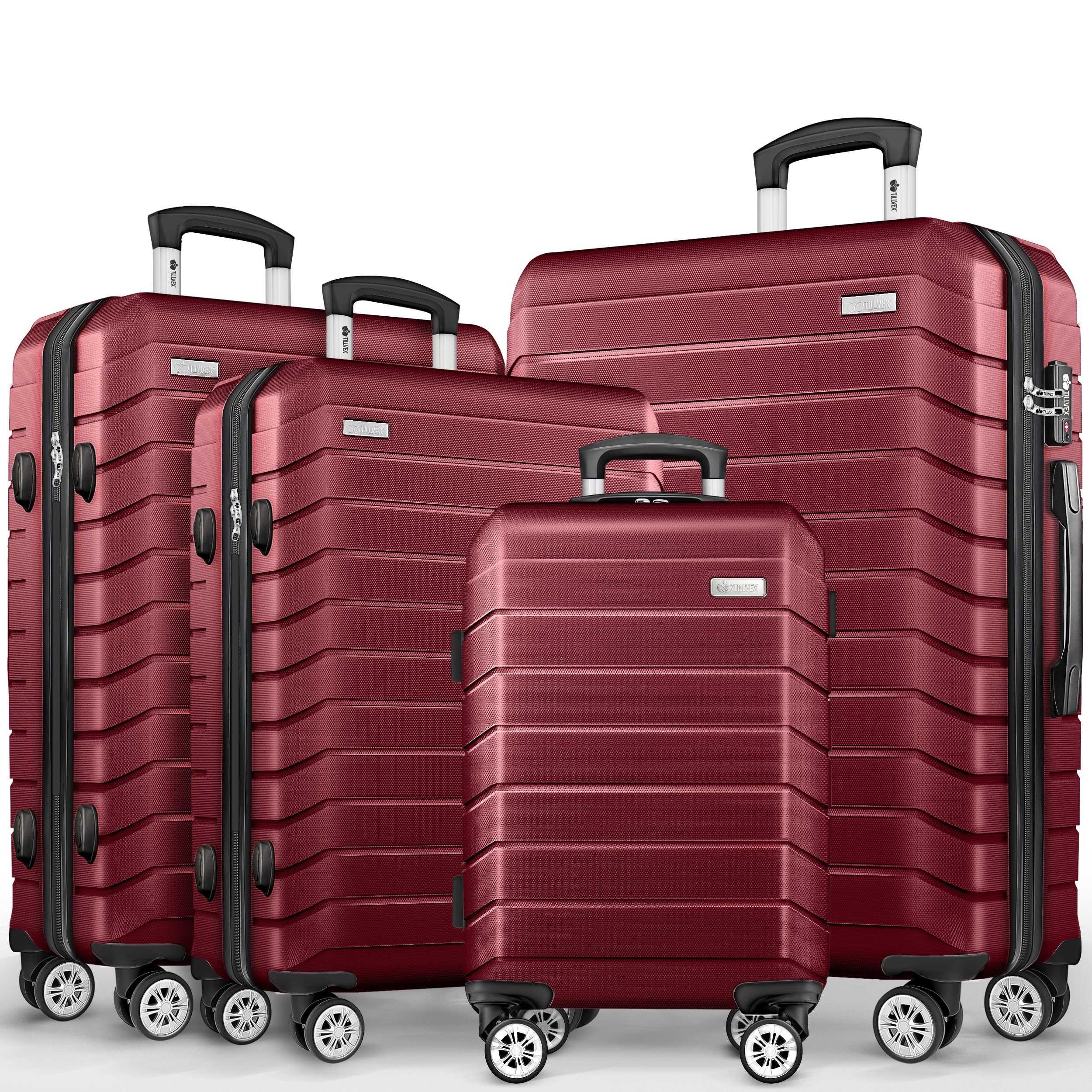 tillvex® Reisekoffer Set 4-teilig + Gepäckwaage, 8X Koffergurte & 4X Kofferanhänger | Kofferset 4 Rollen | Trolley Gepäck Koffer TSA Schloss | Hartschalenkofferset S-M-L-XL
