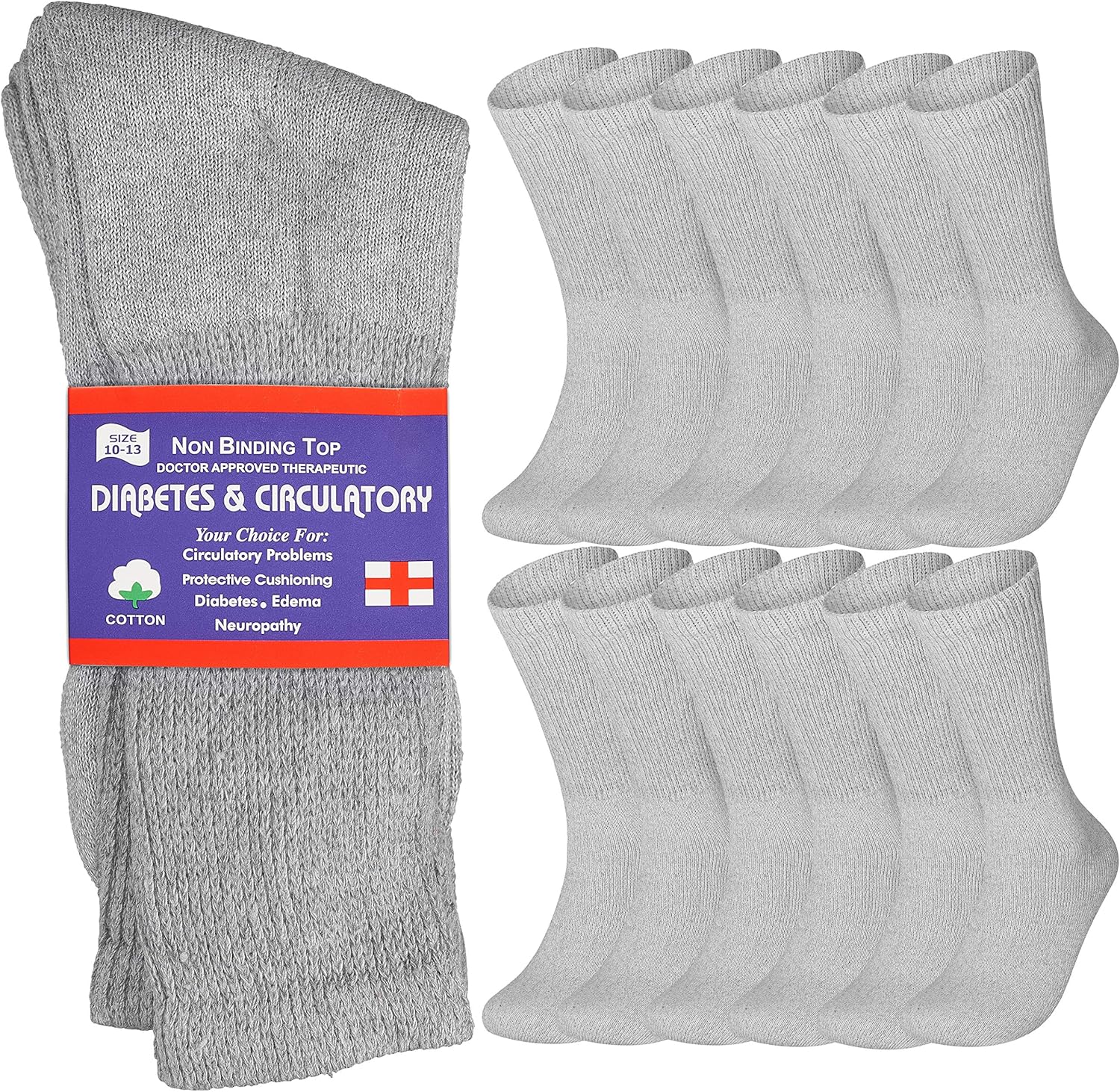 Special Essentials 12 Pairs Men's Cotton Diabetic Crew Socks Grey 10-13 : Health & Household