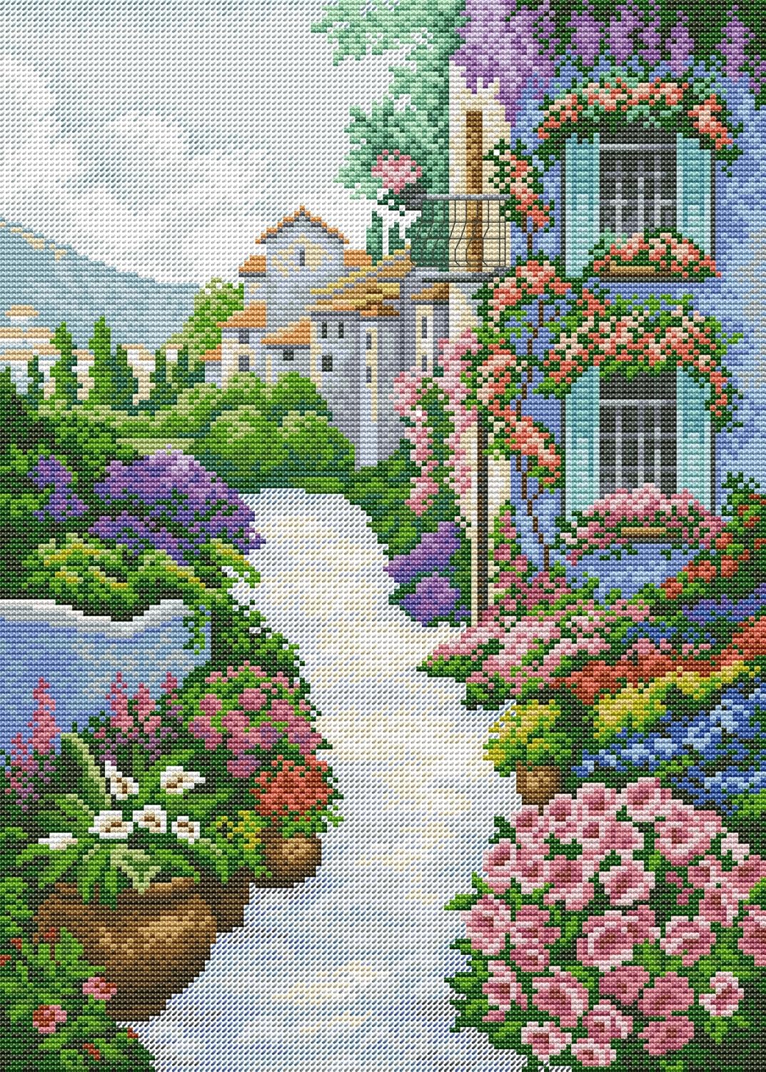 Howie's Needlepoint Cross Stitch Kits, 14CT Pre-Printed Pattern Embroidery Kits, Full Range of Stamped Starter Needlework Kits (Lighthouse with Lavender, 14.17 x 17.32 inch)