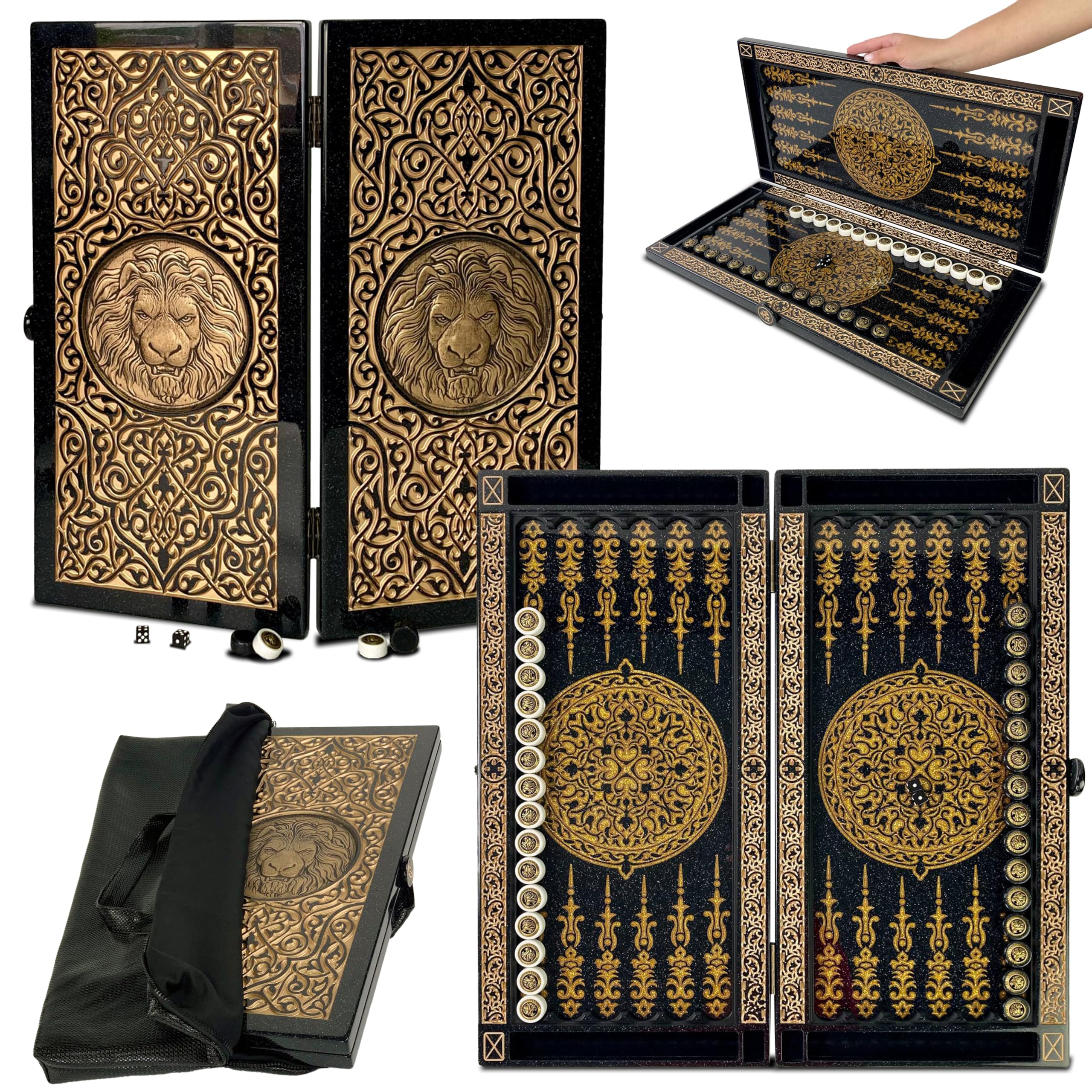 Backgammon di lusso "Leone d'oro" – Realizzato a mano in pietra acrilica e resina – 58 × 28 cm – Design reale e regalo con personalizzazione (Premium Size 58 cm)