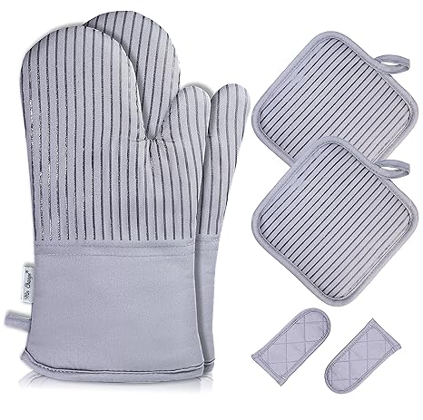 Win Change Oven Mitts and Potholders BBQ Gloves-Oven Mitts and Pot Holders with Recycled Infill Silicone Non-Slip Cooking Gloves for Cooking Baking Grilling (6-Piece Set) (Grey Silicone)