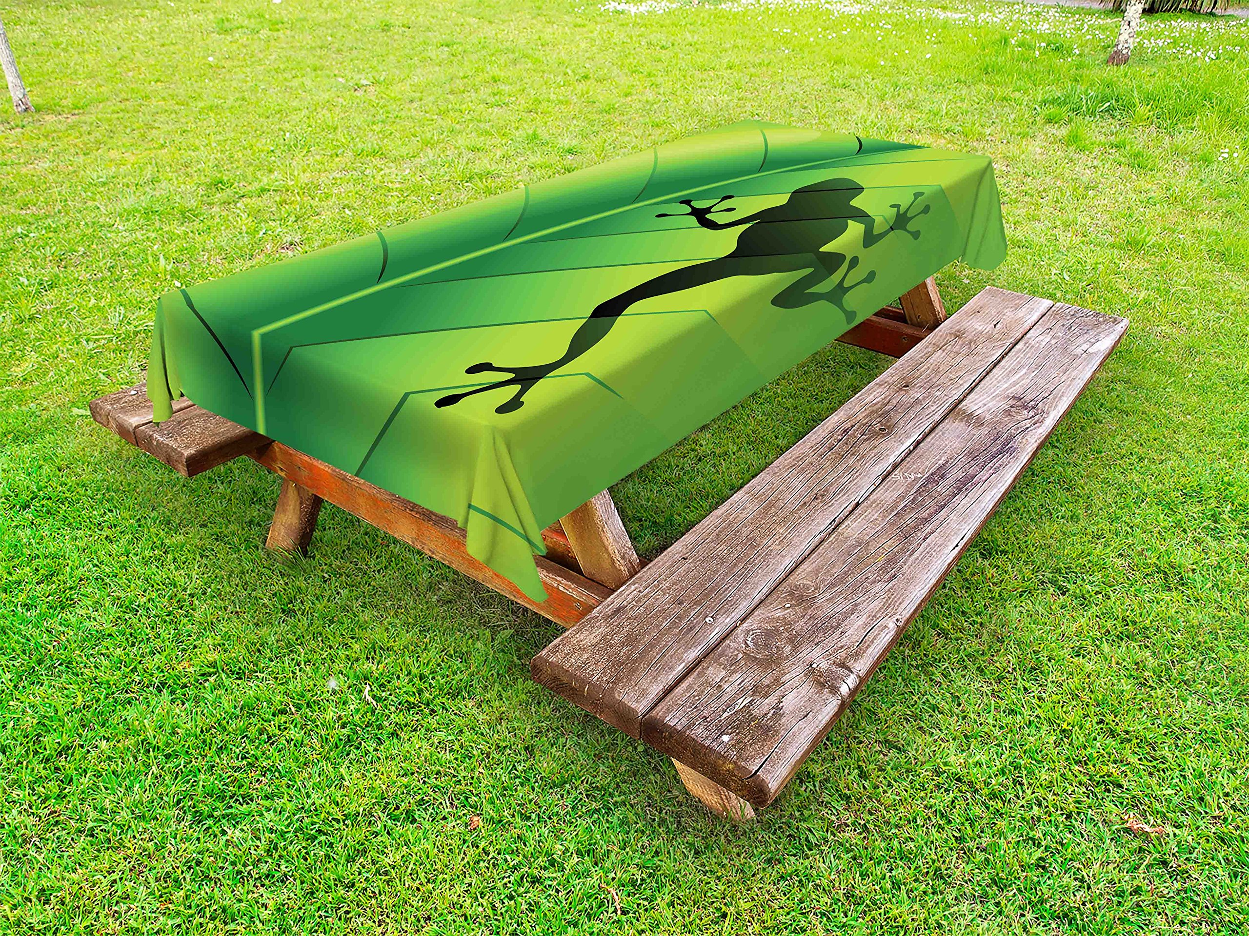 Lunarable Animal Outdoor Tablecloth, Silhouette of Frog on The Exotic Macro Tropical Leaf Plant Wild