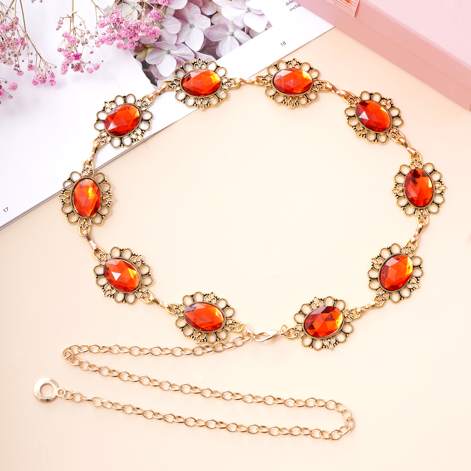 Retro Ruby Red Crystal Gold Tone Link Belt Y2K Boho Glam Round Jewel Waist Belt These are the belts that transform an outfit from simple to  main image 4