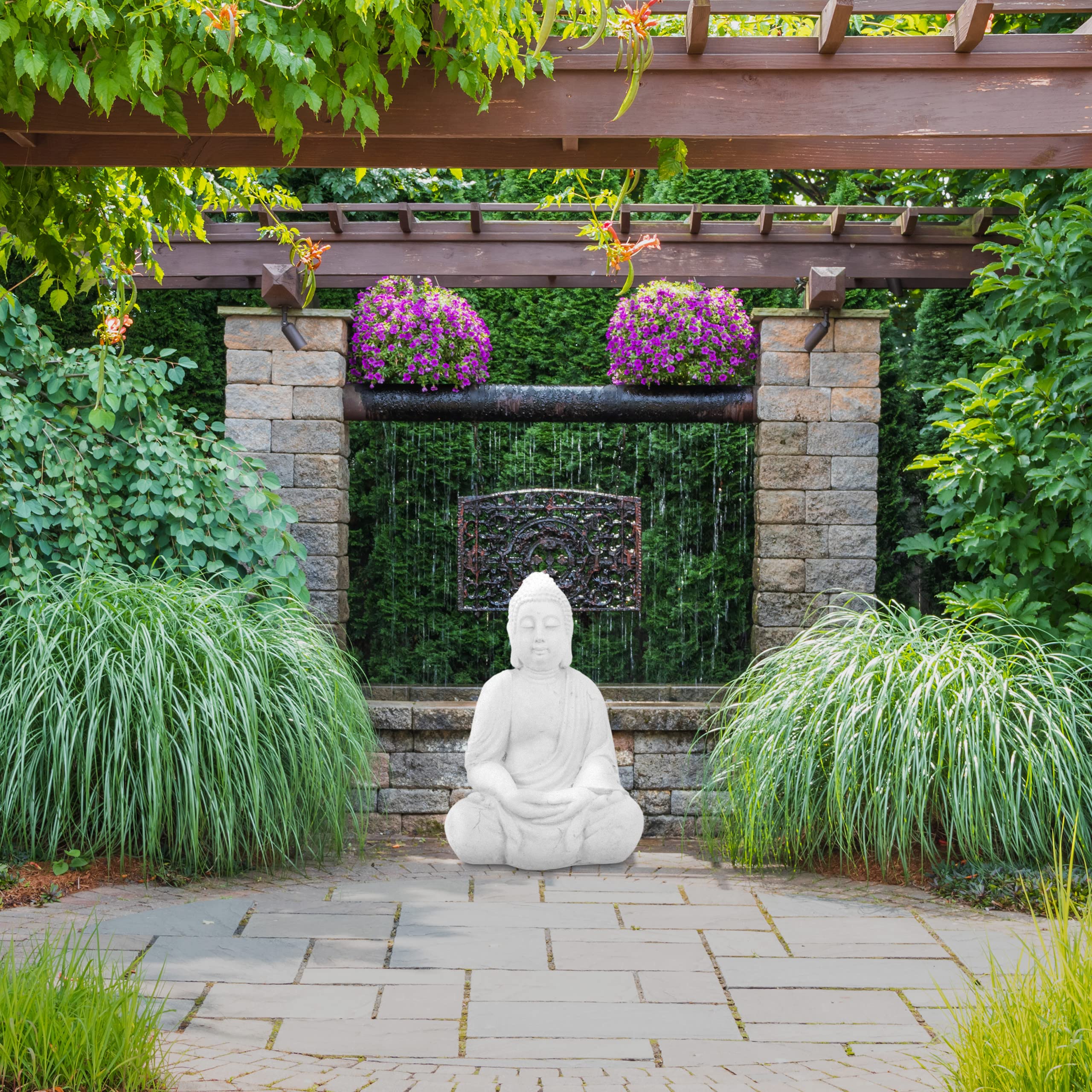 Relaxdays Figura Buda Sentado, 70 cm, Decoración Jardín XL, Resistente Intemperie y Heladas, Escultura Exterior, Blanco