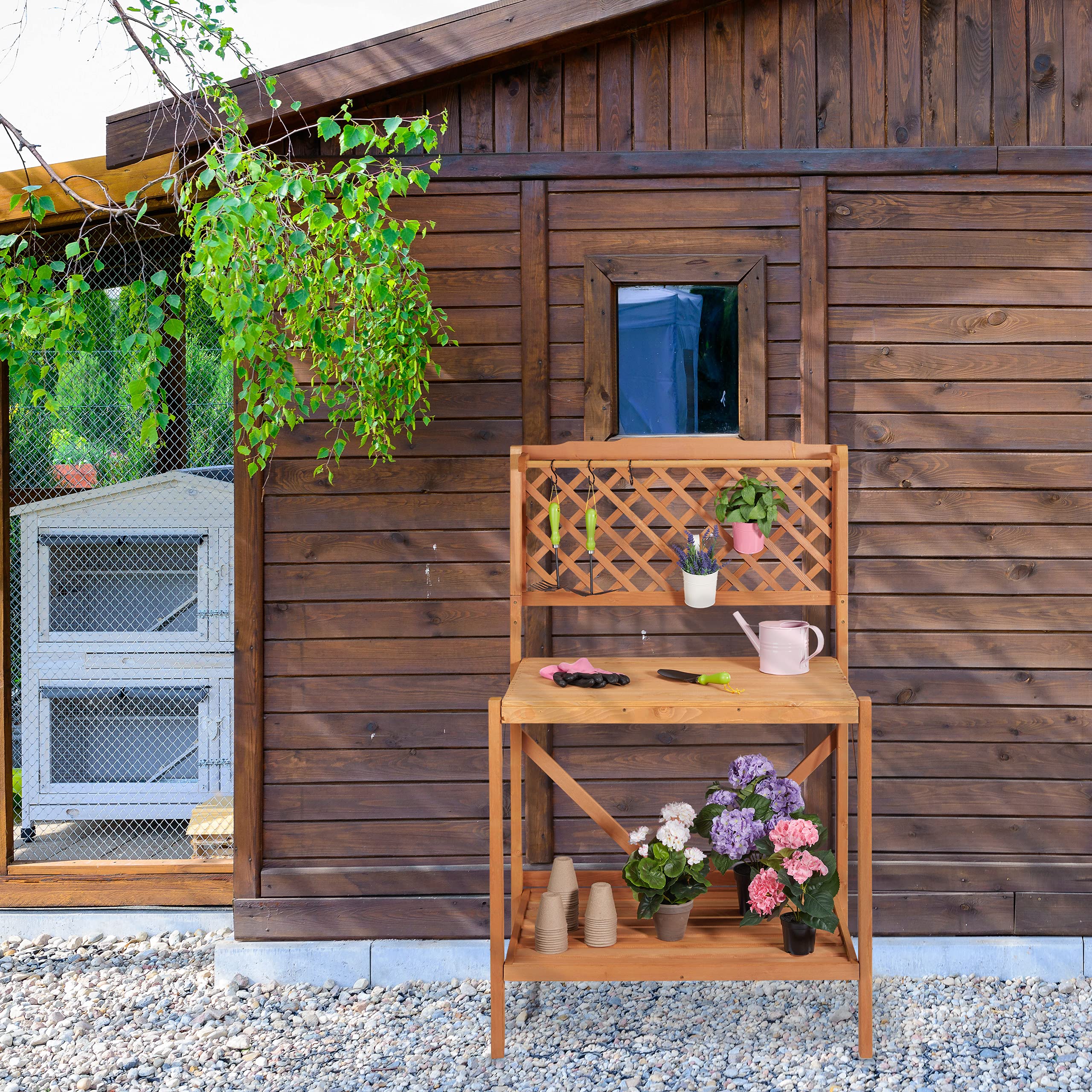 Relaxdays Banco da Lavoro, Tavolo da Giardinaggio Pieghevole, HLP: 151,5x91x62 cm, Giardino o Balcone, Marrone Chiaro