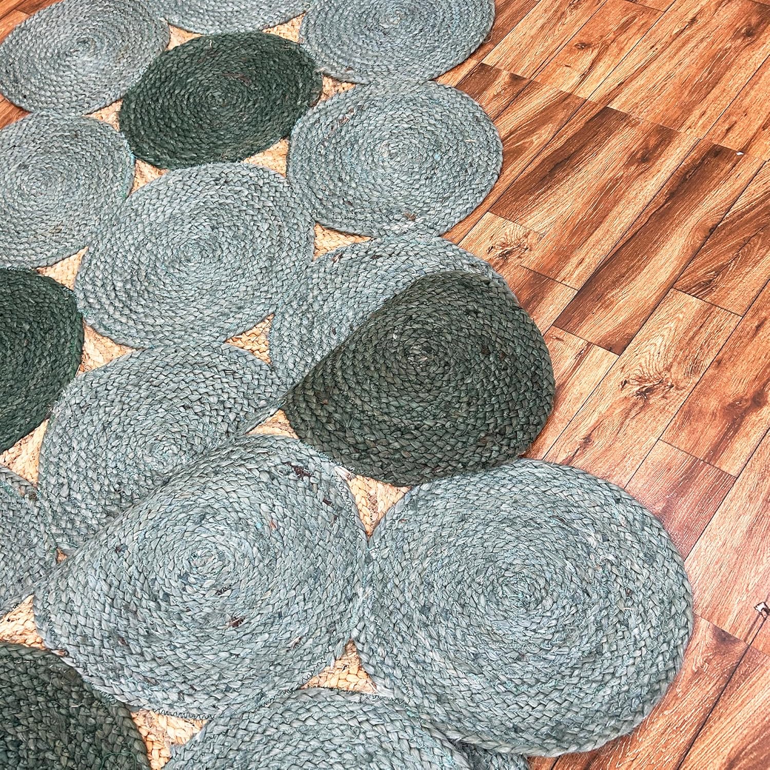 Jute Scalloped Rug 12x15 Indian Jute Hand Woven Area Rugs Thick 0.27" Geometric Green & Beige Rugs for Kids Room Bedroom Dining Table Area Decorative Floor Carpet