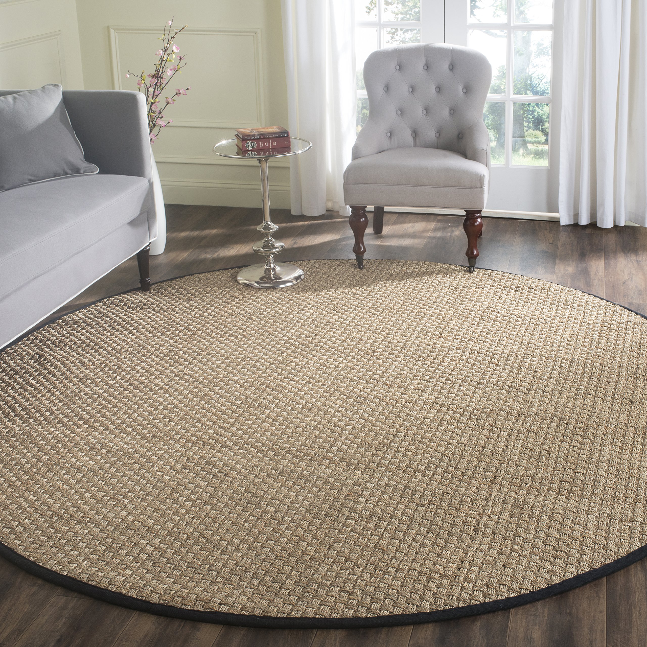 SAFAVIEH Area Rug 8' Round - Natural Fiber Collection - Large - Natural & Black, Seagrass, Basketweave Pattern with Border (NF114C)