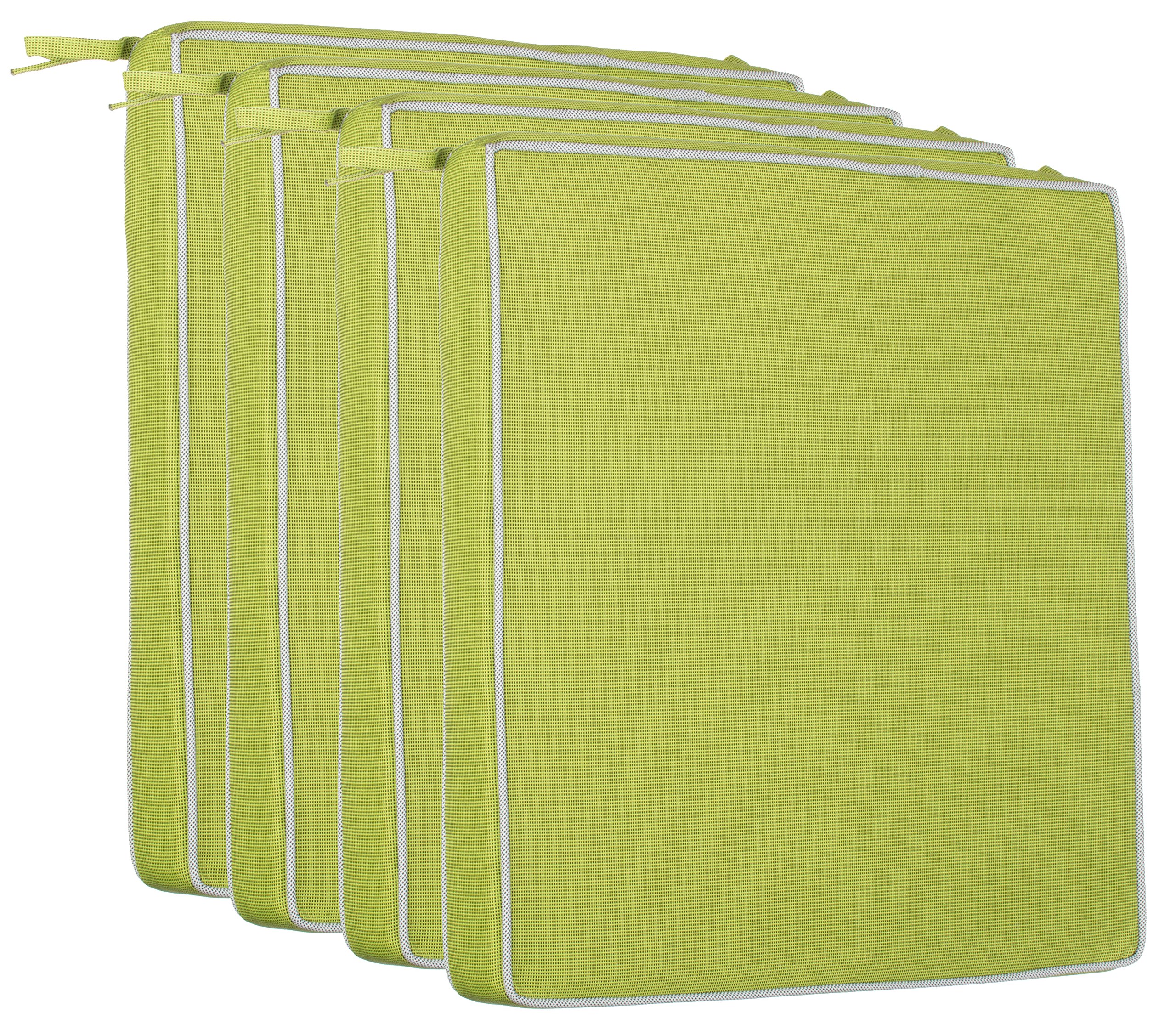 Brandsseller Set de 4 Cojines de asiento 40x40x4 cm – Cojine para silla repelente al Agua y las Manchas con Cintas de Sujeción y Ribete – interior y exterior – Cocina,Terraza, Jardín – Verde
