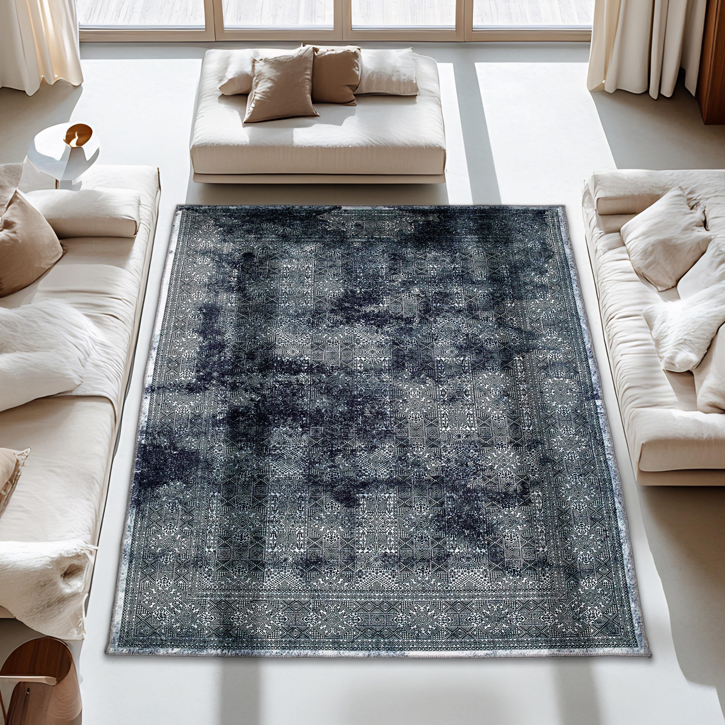 orientalny dywan do salonu, sypialni, miękki płaski materiał, do wnętrz, puszysty dywan z krótkim włosiem, antracytowy, 120 x 180 cm