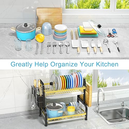 Miniatura 7 de Escurridor de platos escurridor de platos de 2 niveles con escurridor soporte para utensilios y soporte para tabla de cortar escurridor de platos de