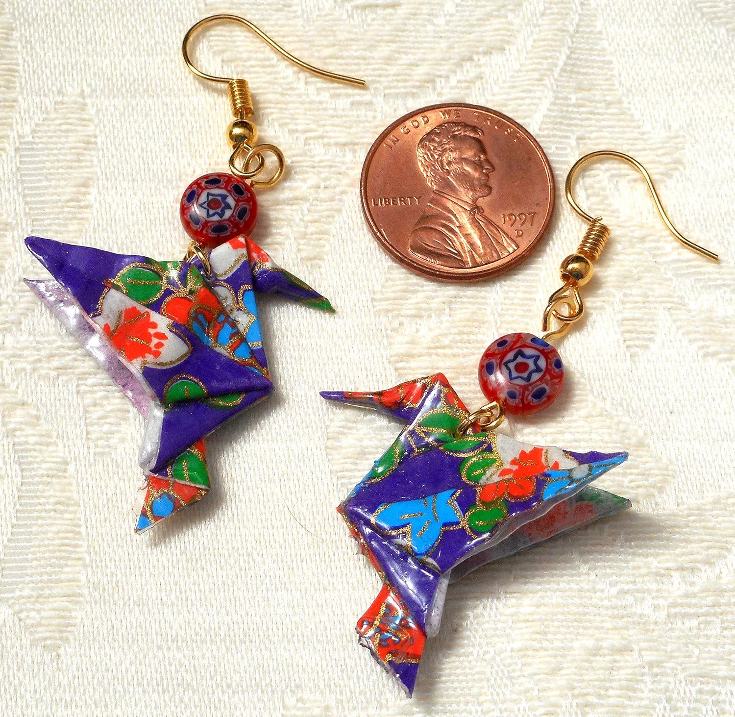 Paper Origami Hummingbird & Glass Bead Earrings, Royal Blue Orange, 1st Anniversary Mother's Day Gift
