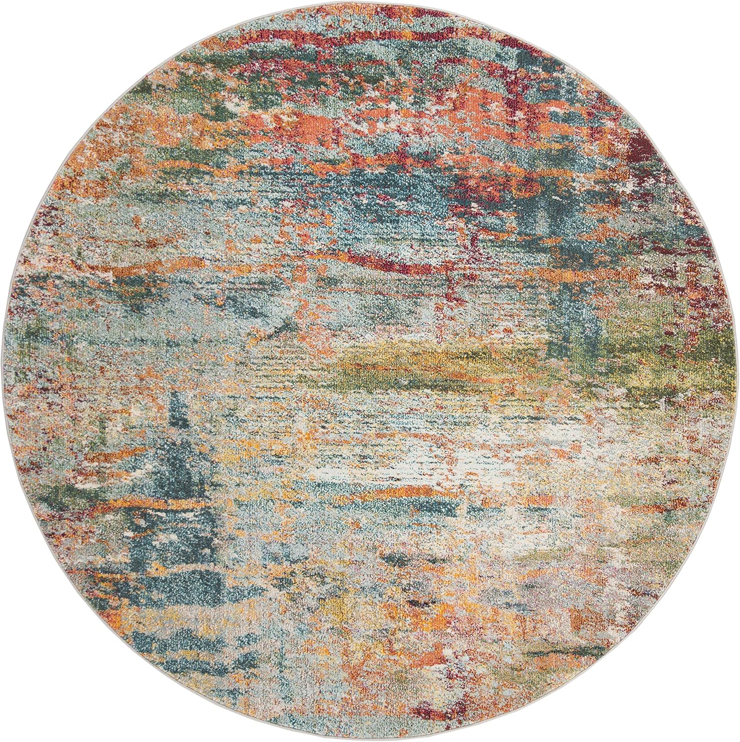 SAFAVIEH Monaco Collection 5' Round Teal/Orange MNC262M Modern Boho Abstract Non-Shedding Dining Room Entryway Foyer Living Room Bedroom Area Rug