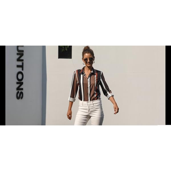 Astylish-Womens-V-Neck-Striped-Roll-up-Sleeve-Button-Down-Blouses-Top Women Casual Cuffed Long Sleeve Button up V Neck Tunic Shirts Tops Plus Size X-Large 16 18 Black