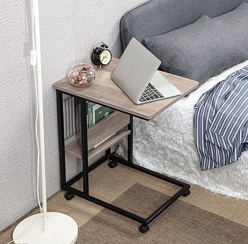 Miniatura 3 de JJS Mesa lateral C con soporte para revistas para sofá, sala de estar, mesa de aperitivos que se desliza debajo para espacios pequeños, gris ahumado