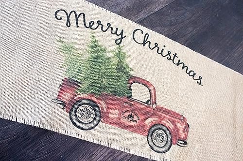 Miniatura 2 de Vintage Red Truck Merry Christmas burlap table runner