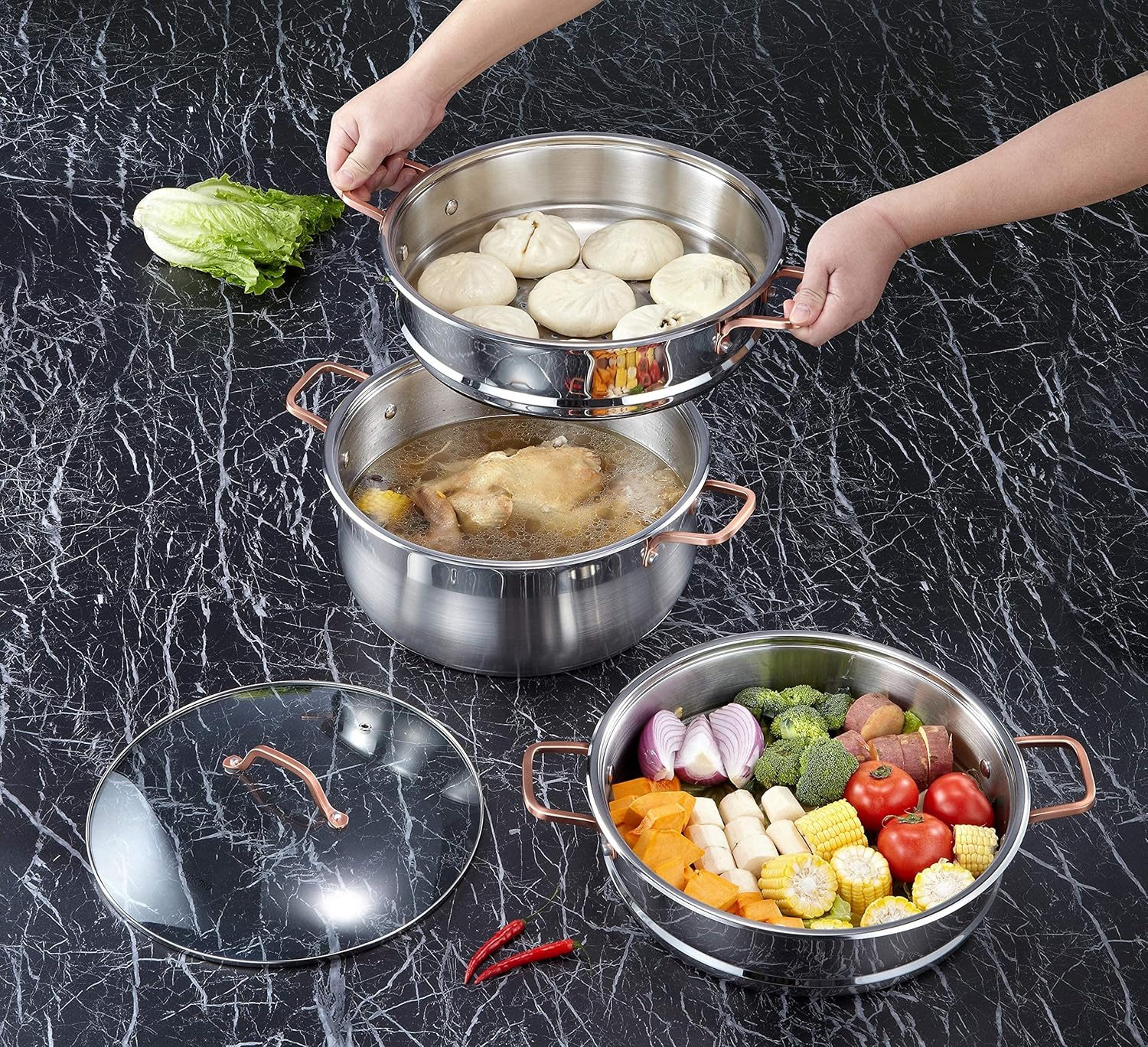 CONCORD Premium Stainless Steel 3 Tier Steamer w/Rose Gold Handles 34cm: Home & Kitchen