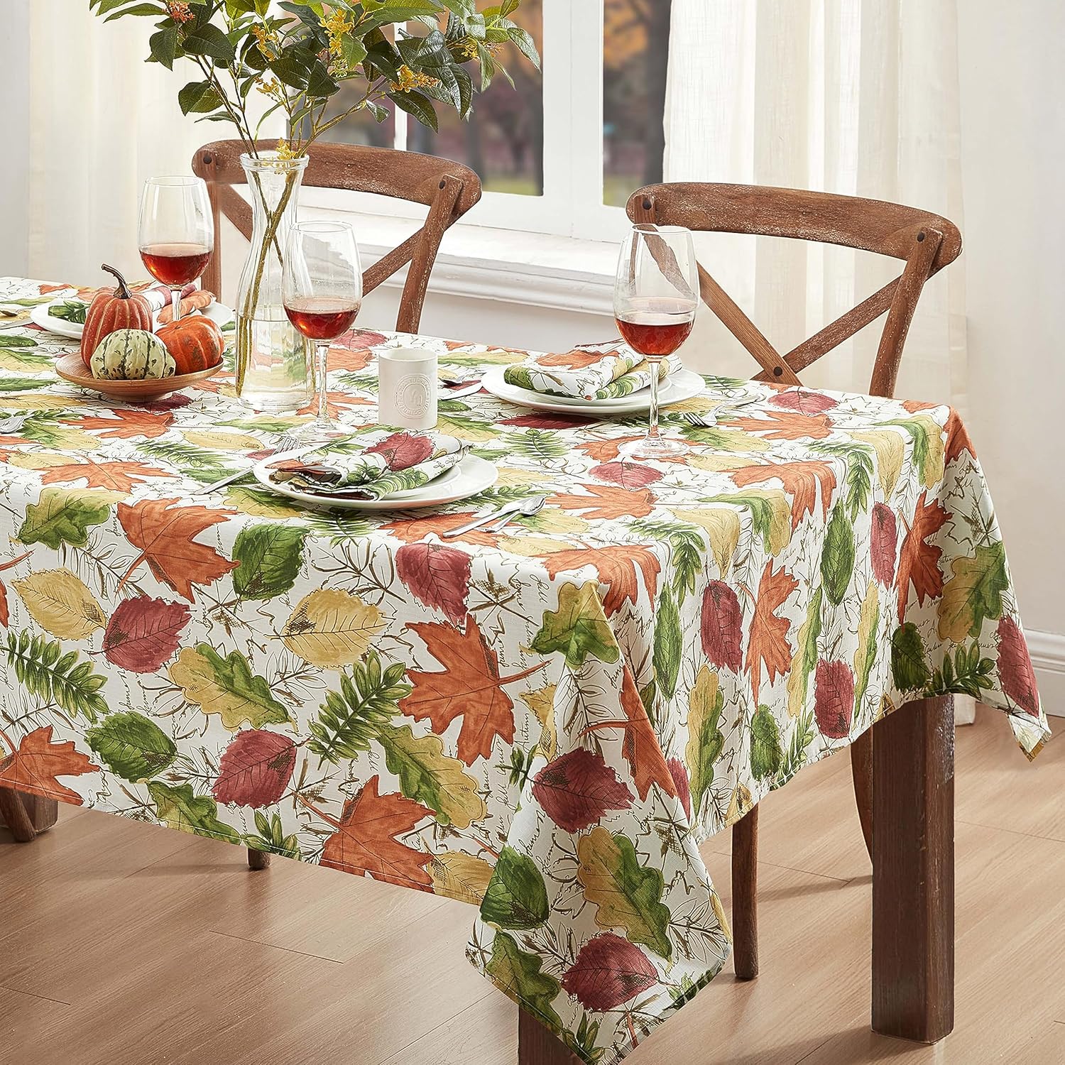 Newbridge Autumn Falling Leaves Thanksgiving Fabric Tablecloth, Fall Leaves Soil Repellant - No Iron Easy Care Tablecloth, 60 Inch x 102 Inch Oblong/Rectangle
