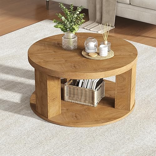 Miniatura 3 de Round Coffee Table, Farmhouse 2-Tier Circle Center Tables with Storage, 31.5" Wooden Coffee Desktop with Annual Ring Pattern, Circular Side Tables
