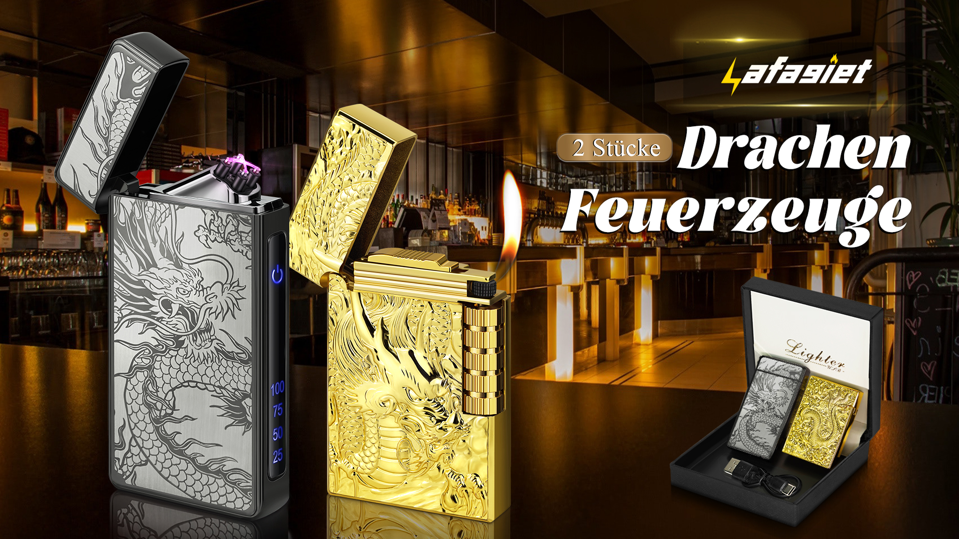 2x Drachen Feuerzeuge Set - USB-C Aufladbar & Butan Feuerzeug Mit Doppelbogen & Weicher Flamme - Metall Feuerzeug Geschenk