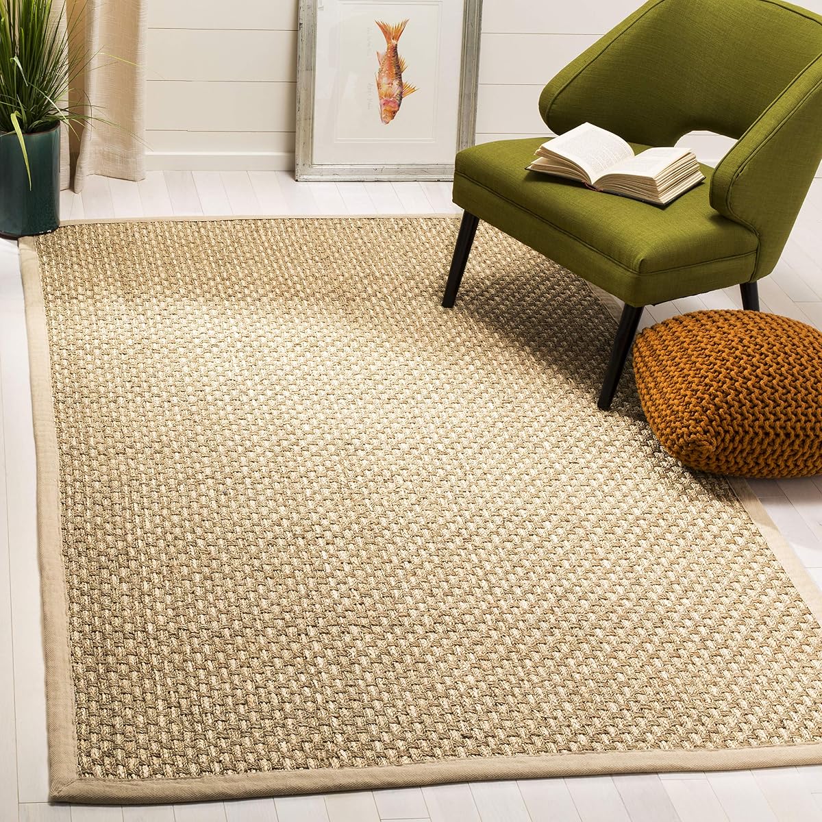 SAFAVIEH Area Rug 3x5 - Natural Fiber Collection - Natural & Beige, Seagrass, Basketweave Pattern with Border, Ideal for Living Room, Bedroom, Dining Space (NF118A)