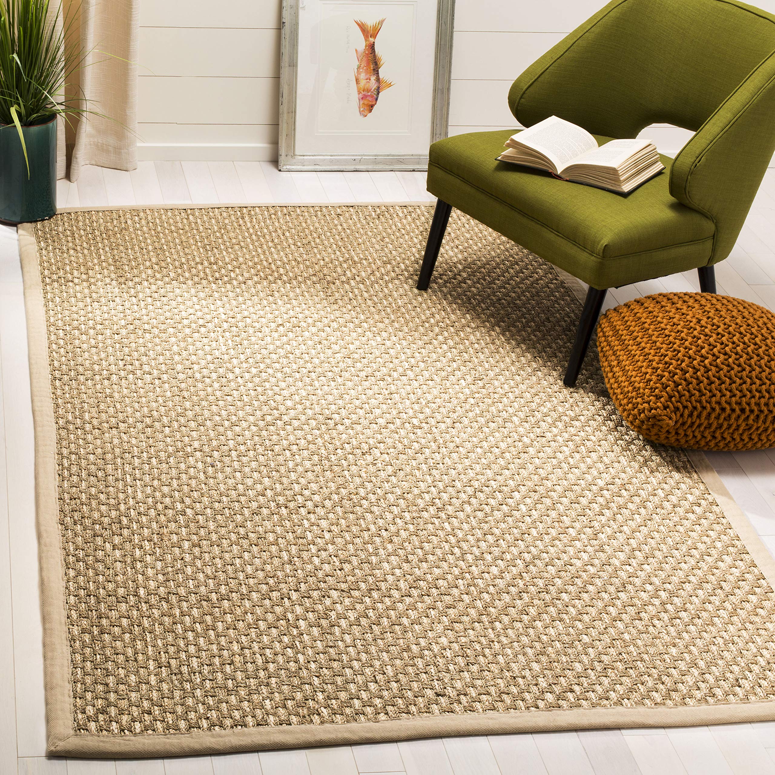 SAFAVIEH Area Rug 6x9 - Natural Fiber Collection - Natural & Beige, Seagrass, Basketweave Pattern with Border, Ideal for Living Room, Bedroom, Dining