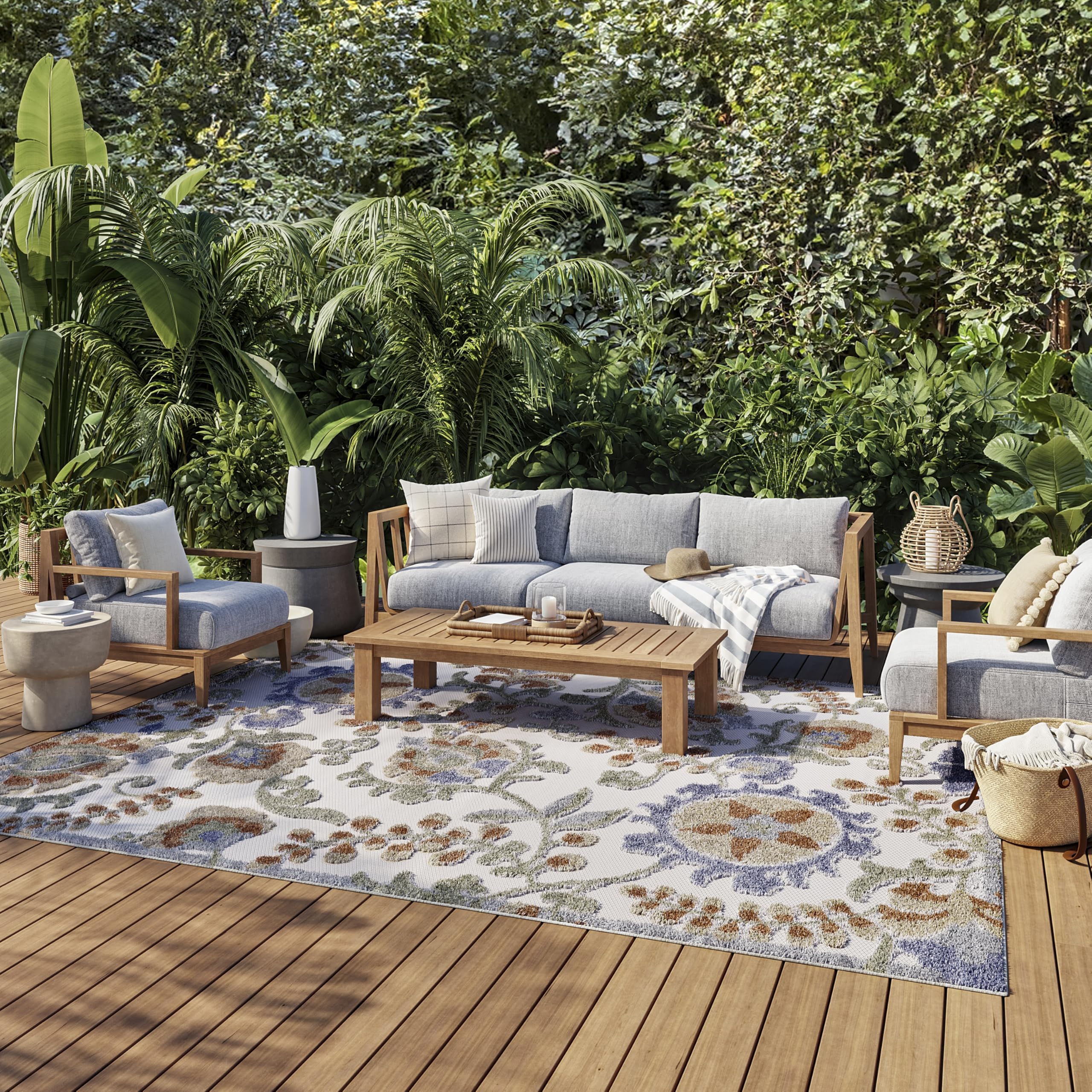 Nourison Home Aloha Ivory Blue 9' x 12' Area Rug - Easy Clean, Non Shedding, Bed Room, Living Room, Dining Room, Kitchen (9' x 12')