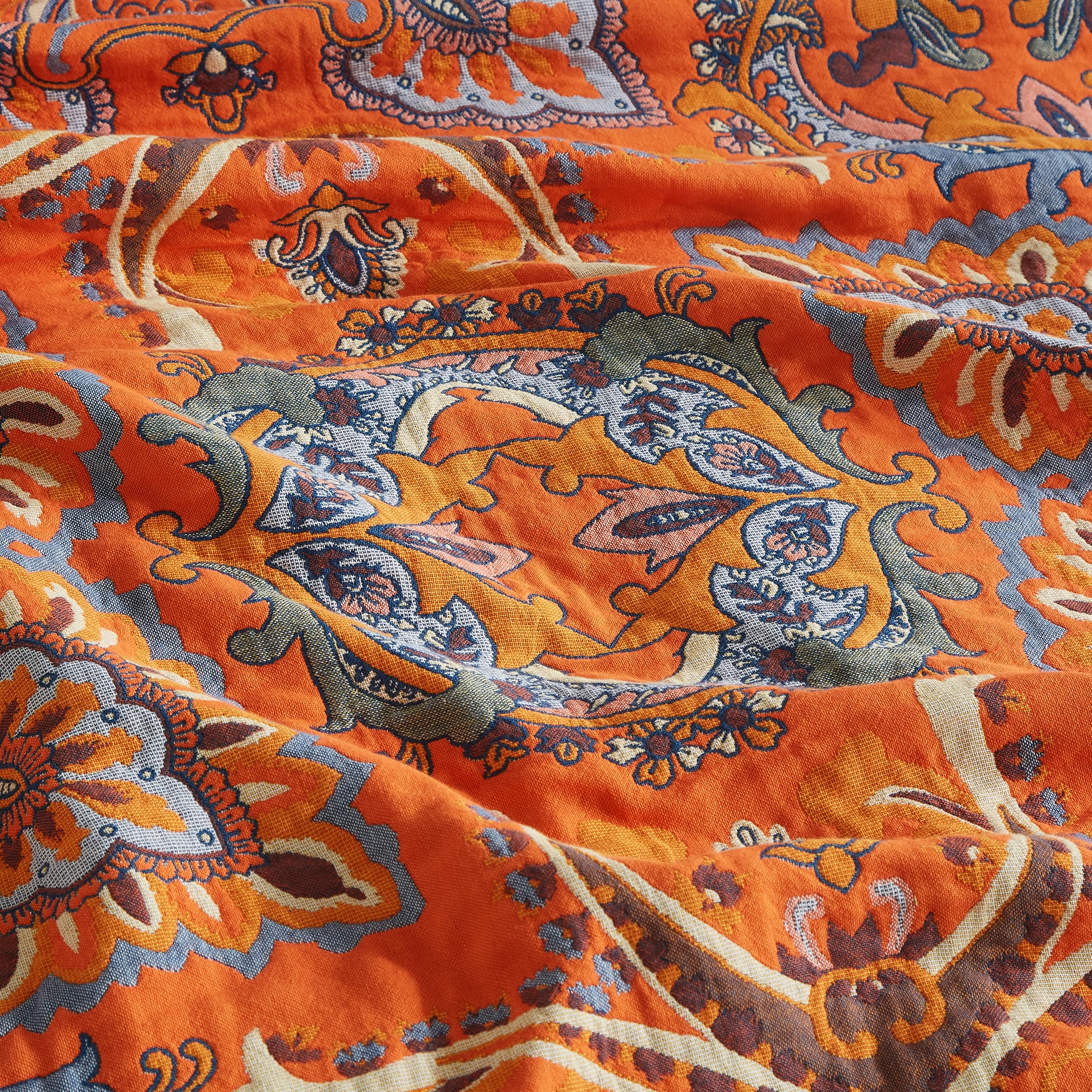 SE SOFTEXLY Manta Boho, 100 % algodón, muselina de doble cara, manta boho, 230 x 250 cm, manta de patchwork para sofá y colcha, ideal para sala de estar y dormitorio, naranja y verde