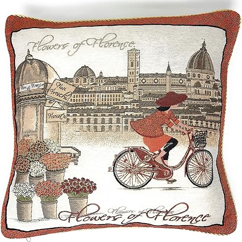 Tache - Funda de almohada decorativa, 1 pieza, cuadrada, vintage, para niña francesa, día en Florencia, color borgoña y naranja, 18 x 18 pulgadas