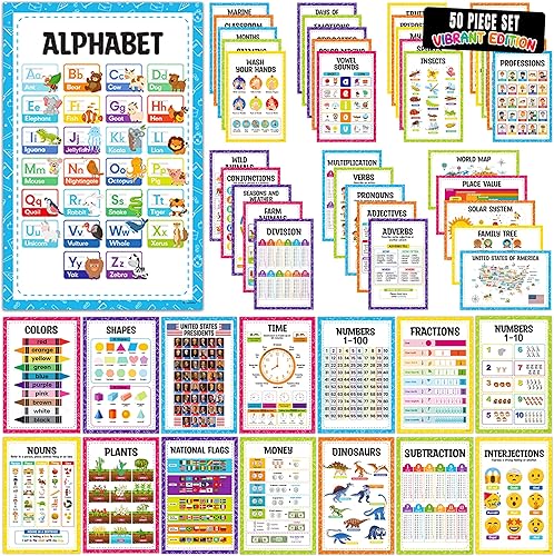 Decorably 50 vibrantes pósteres de aprendizaje para niños pequeños de 1 a 3, 11 x 17 pulgadas, tablas de aprendizaje educativo laminado mate para