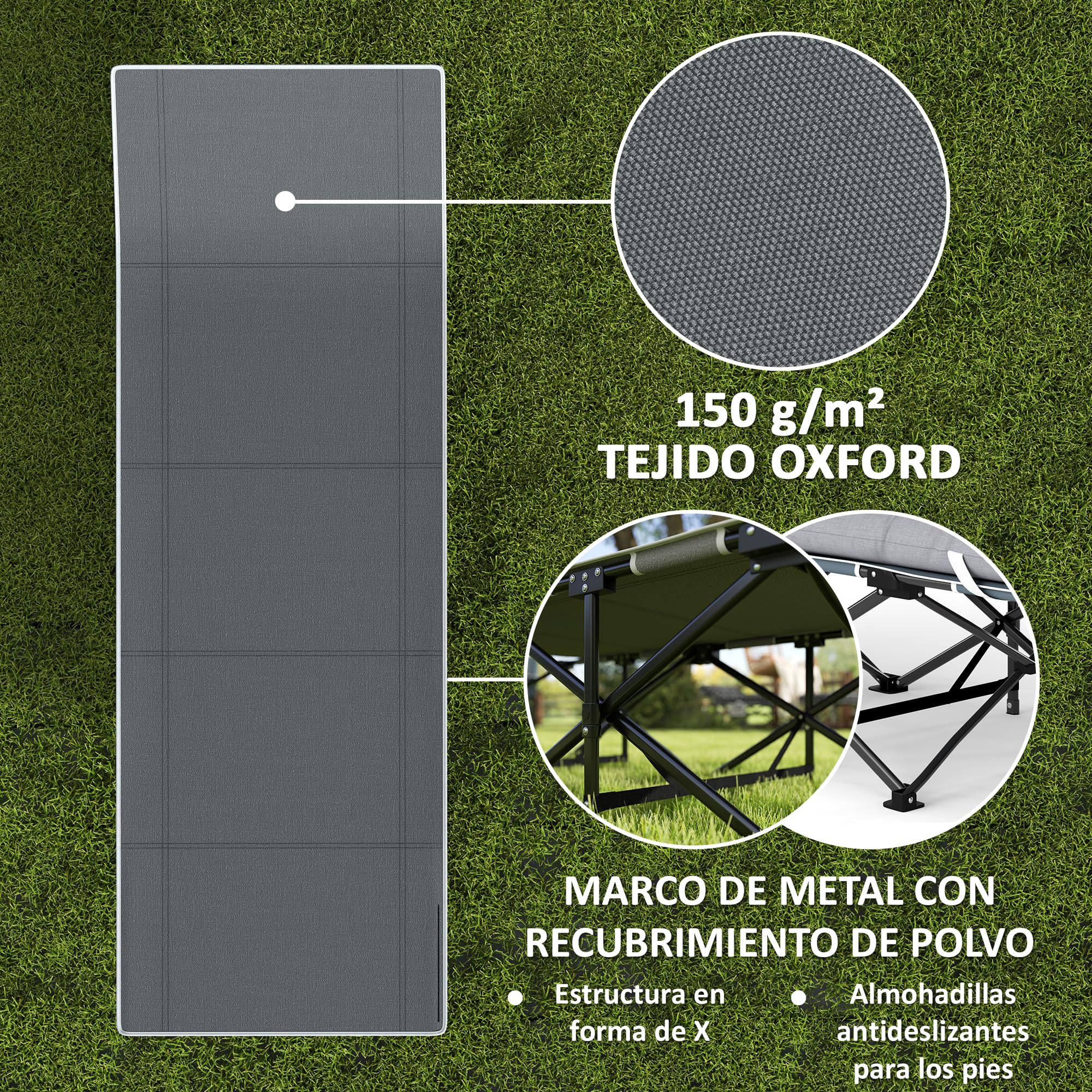 Outsunny Cama Plegable Camping Cama de Acampada Portátil Tumbona de Camping 600D con Reposacabezas Colchón Extraíble y Bolsa de Transporte Carga 150 kg para Playa Senderismo 186x68x37 cm