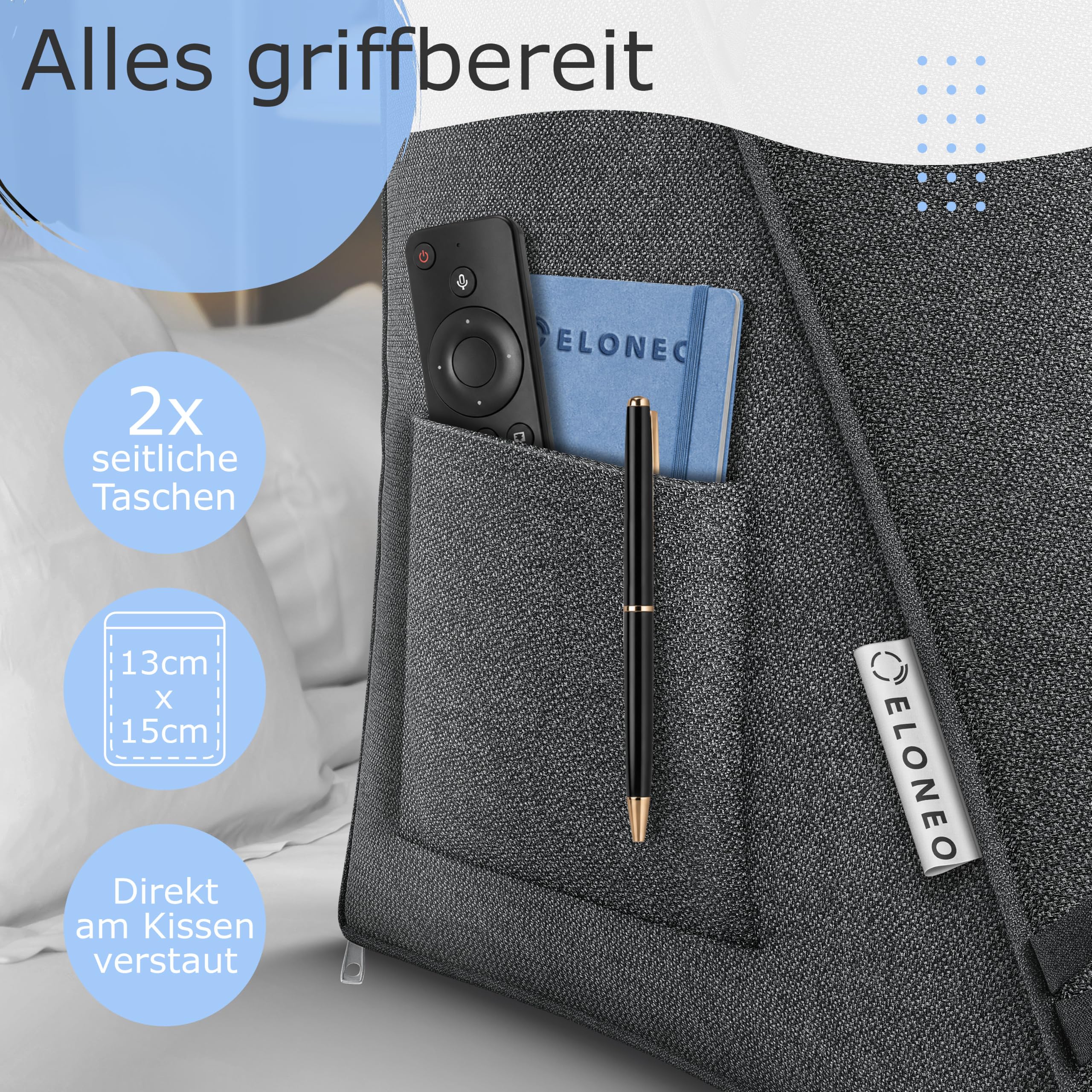 maxVitalis Rückenkissen Bett / Sofa mit Abnehmbarer Nackenrolle und Seitentasche, Rückenstützkissen mit Nackenkissen, Bezug waschbar, Lesekissen, Bücherkissen, Rückenlehne, 55×50×30 cm, Dunkelgrau