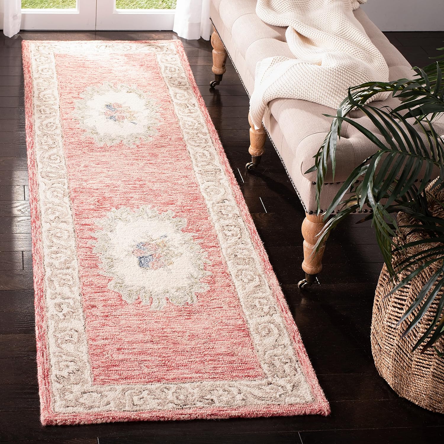 Safavieh Aubusson Collection 2'3" x 8' Red/Ivory AUB105Q Handmade Traditional Premium Wool Runner Rug