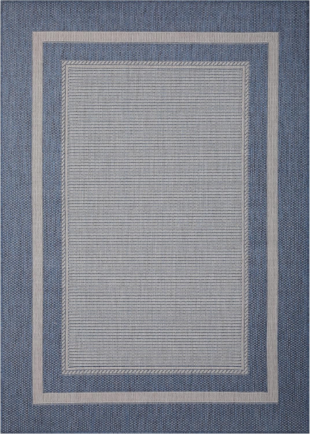 Modern Bordered Indoor Outdoor Area Rug Weather Resistant Outdoor Carpet for Porch Deck Balcony Backyard Patio Rug 8x10 Gray, Blue