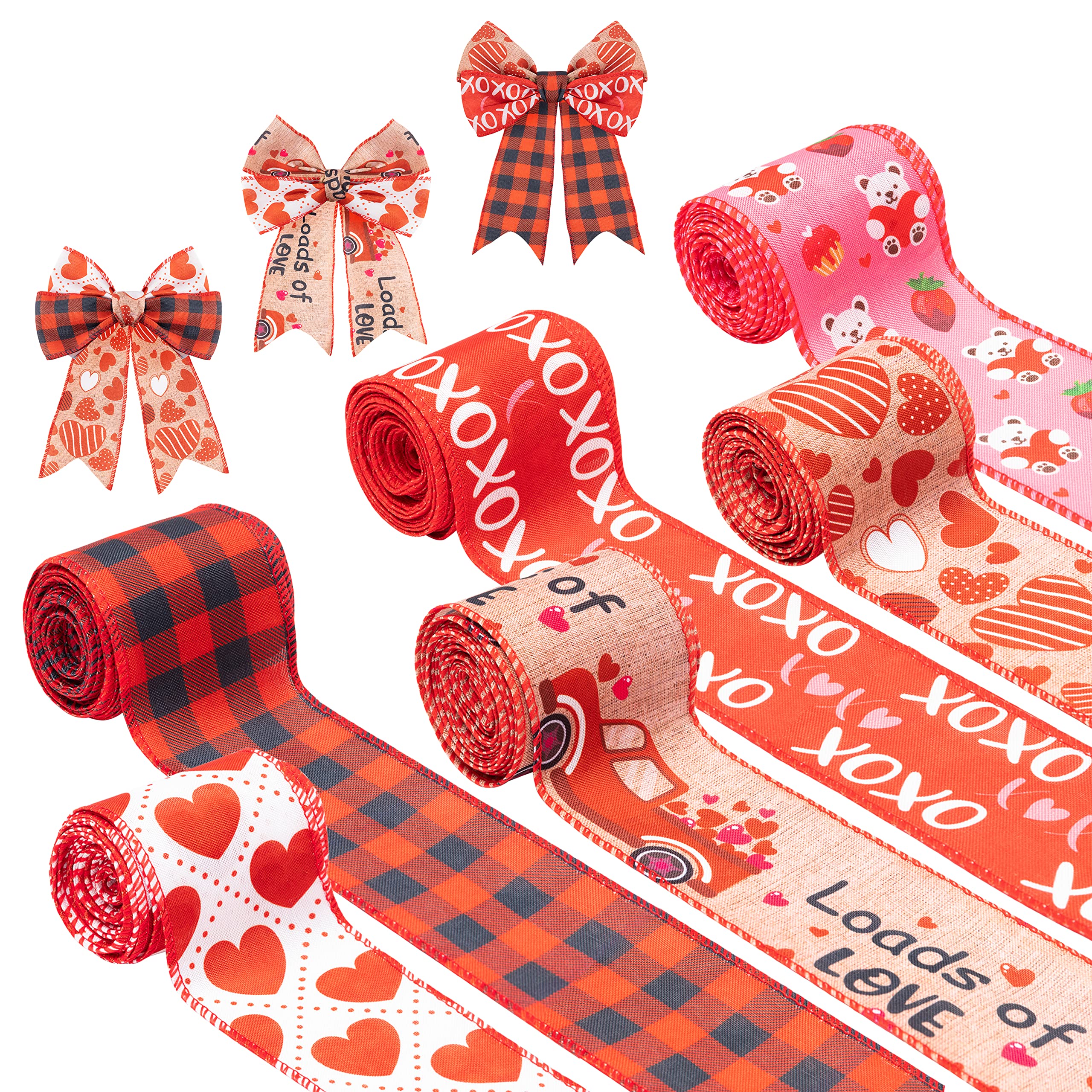 Photo 1 of 6 Rolls Valentine’s Day Love Wired Edge Ribbons Loads of Love XOXO Bear Heart 2.5in x 30 Yards Romance Red Black Grid Wrapping Ribbon for Wedding Anniversary Proposal Marriage Decorations
