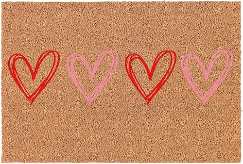 Felpudo de bienvenida Coco Coir - Tapete estilizado con corazones para el día de San Valentín rojo y rosa 30 x 18 pulgadas
