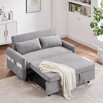 Flieks 55.1" Pull Out Sleep Sofa Bed Loveseats Sofa Couch with Adjsutable Backrest, Storage Pockets, 2 Soft Pillows, USB Ports for Living Room, Bedroom, Apartment, Office,Grey Old SKU WF307821AAC