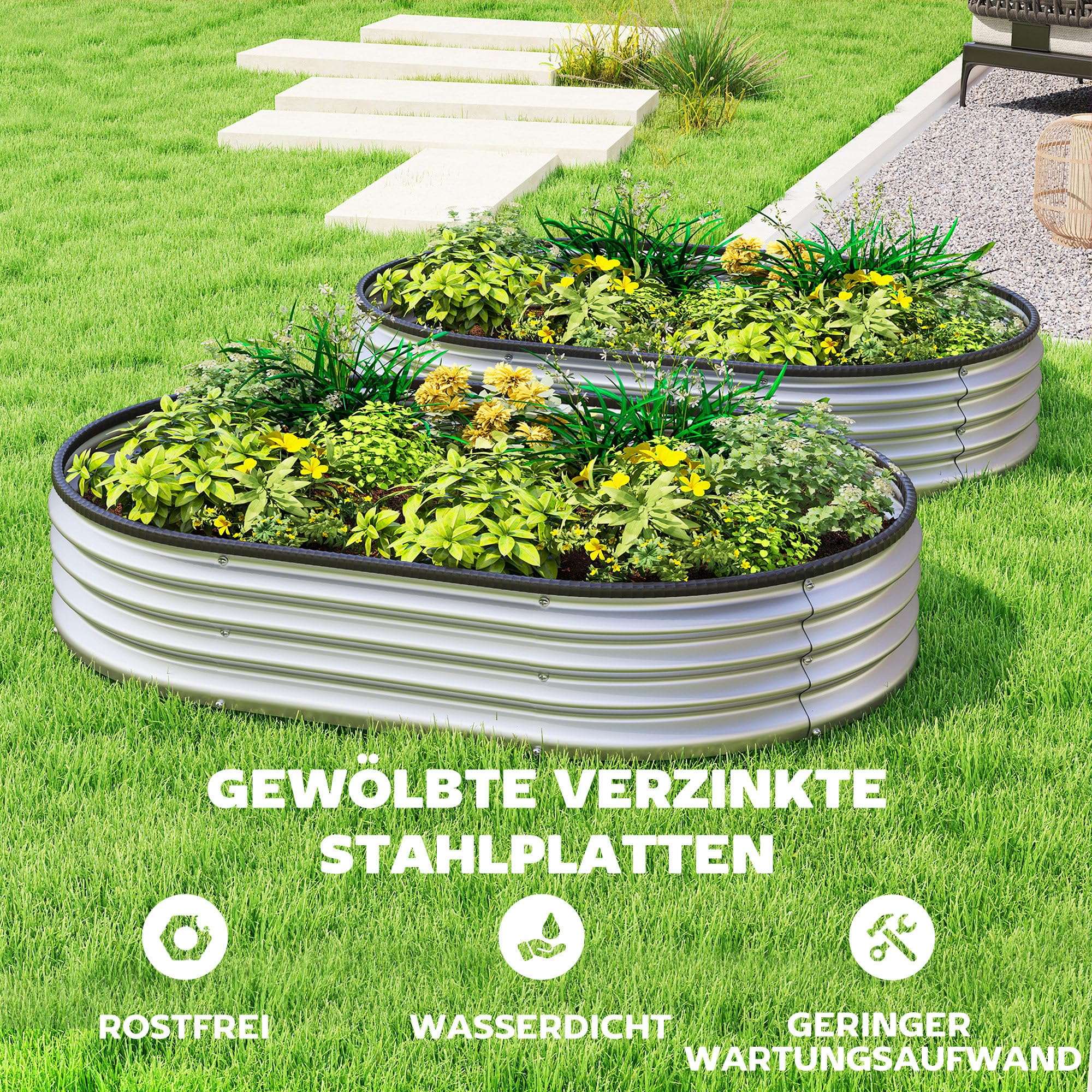 Outsunny Jardinière surélevée en métal, lot de 2, 135 x 90 x 30 cm, ovales, fond ouvert, bandes en caoutchouc, bordure de sécurité, gants, kit modulaire, jardinière surélevée pour légumes, fruits,