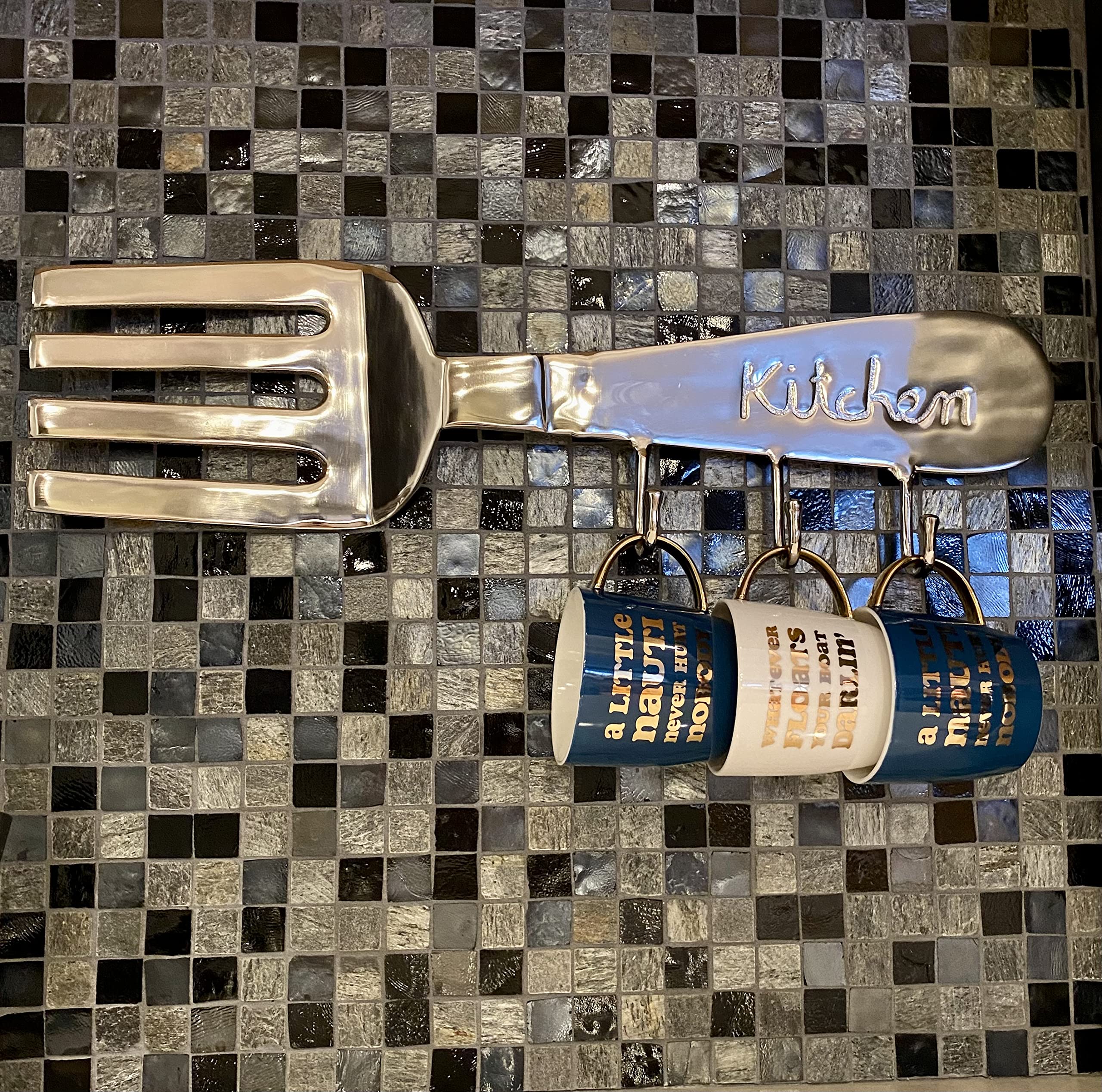 Vandy Ideal Utensil Hanger Kitchen Pots and Pans Hanging Rack Wall Mounted, Stainless Steel Lid Utensil Hanger Kitchen Hanging Spoons Coffee Mug Cups (Fork)