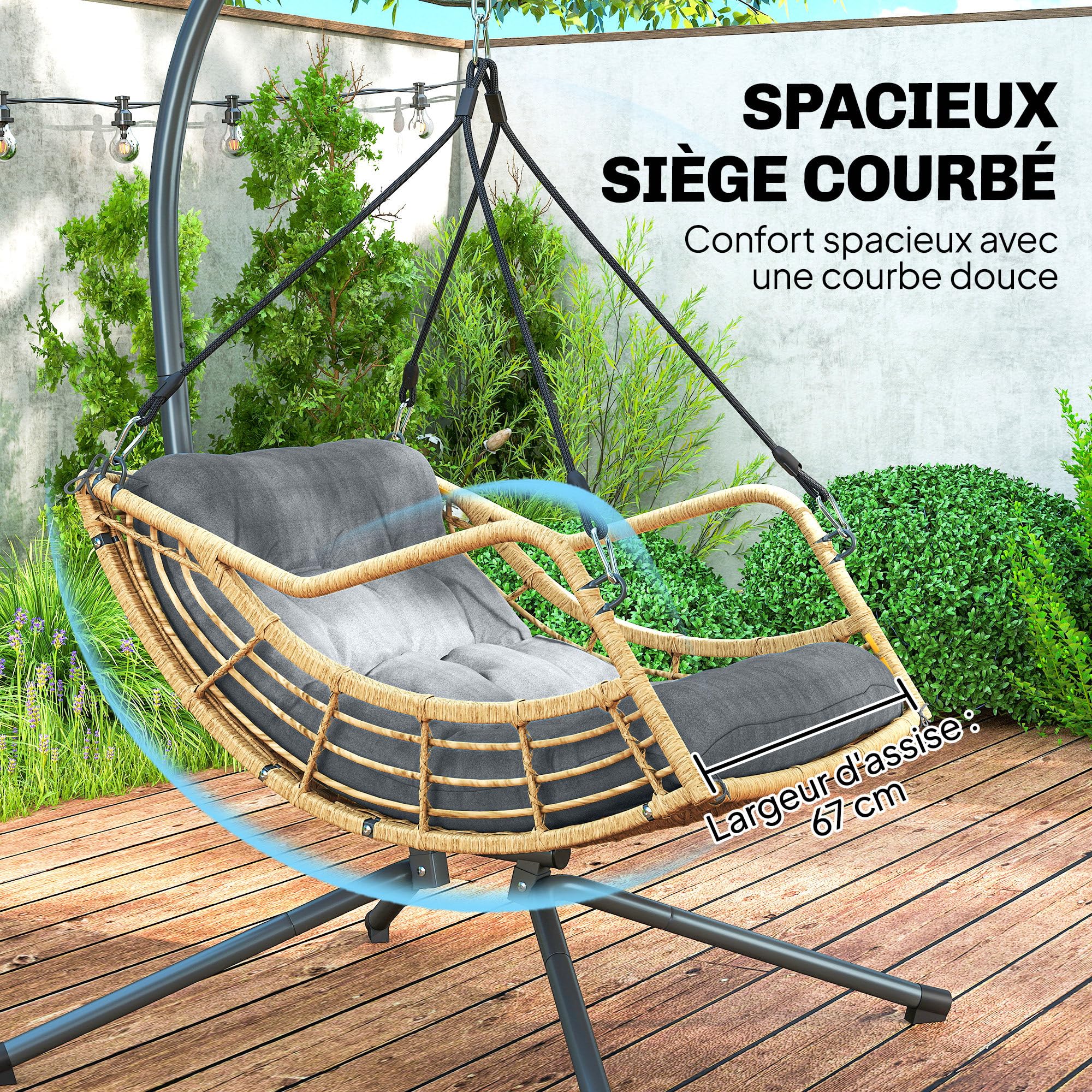 Outsunny Fauteuil Suspendu en résine tressée avec Support, Chaise Suspendue, Chaise hamac balançoire, Coussin et Attache de sécurité, Hauteur réglable, Cadre en Acier, intérieur et extérieur, Gris