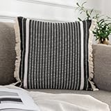 OJIA Modern Throw Pillow Cover with Tassels&comma; Decorative Liana Fringe Accent Cushion Case&comma; Farmhouse Woven Pillowcase for Sofa Chair Couch Bed Decor &lpar;Lumbar 20 x 20 Inches&comma; Black&rpar;