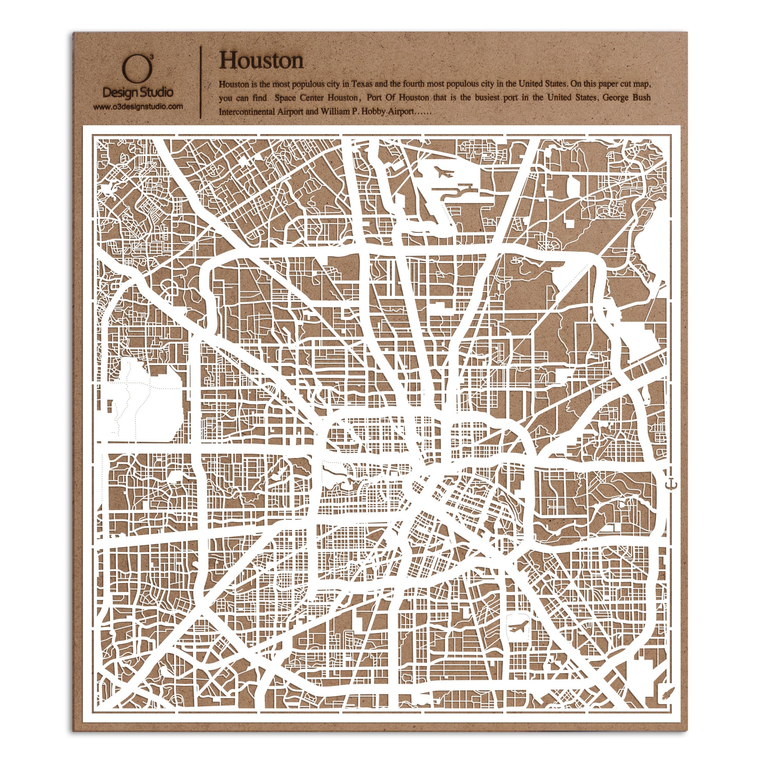 Houston Paper Cut Map by O3 Design Studio White 12x12 inches Paper Art