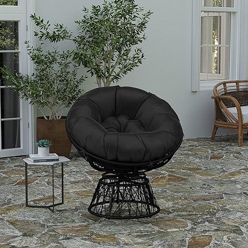 Merrick Lane Foley Papasan - Silla giratoria para patio, marco de mimbre tejido negro, cojín negro extraíble para todo tipo de clima