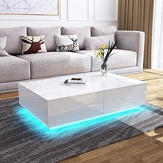 BESTWANTED Coffee Table, Coffee Table with Storage, White Gloss Coffee Table with LED Lights, Coffee Table for Living Room Rectangle Centre Table with 4 Drawers Home Office Furniture