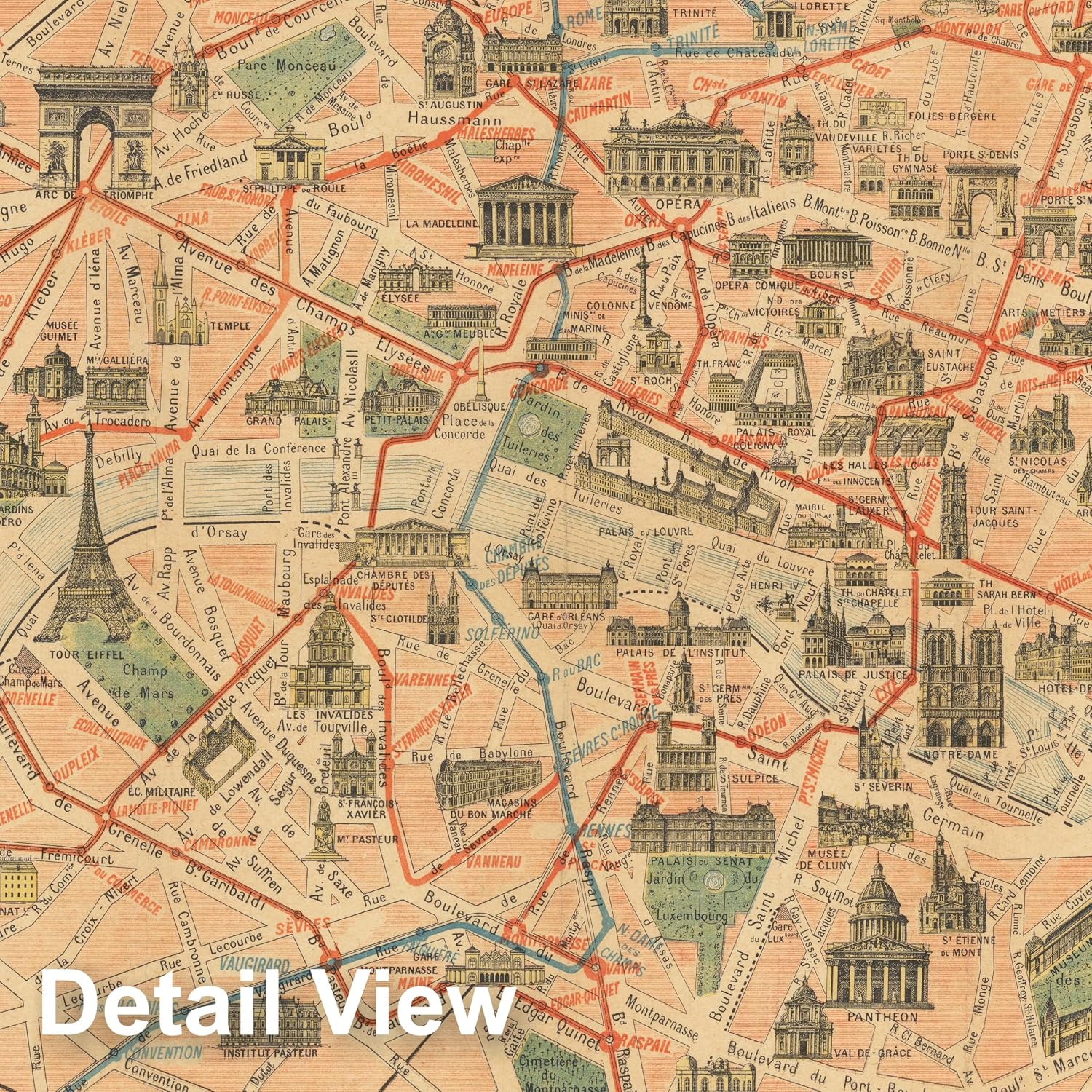 Paris - Monumental and Metropolitan Map, 1920 circa | Historical Map Print - 24in x 18in