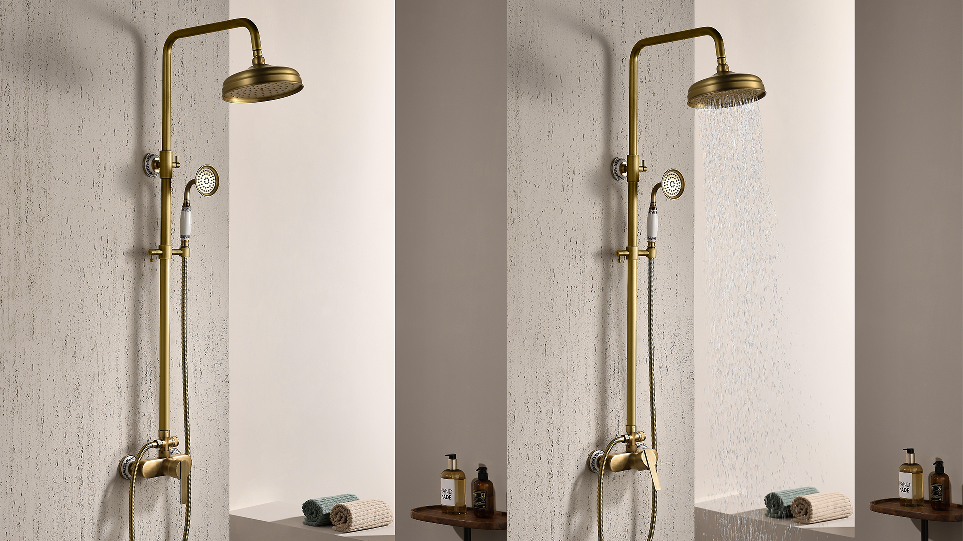 Duscharmatur-Set Retro In Gold – Thermostat-Dusche Mit Regendusche & Handbrause, Messing, Wandmontiert
