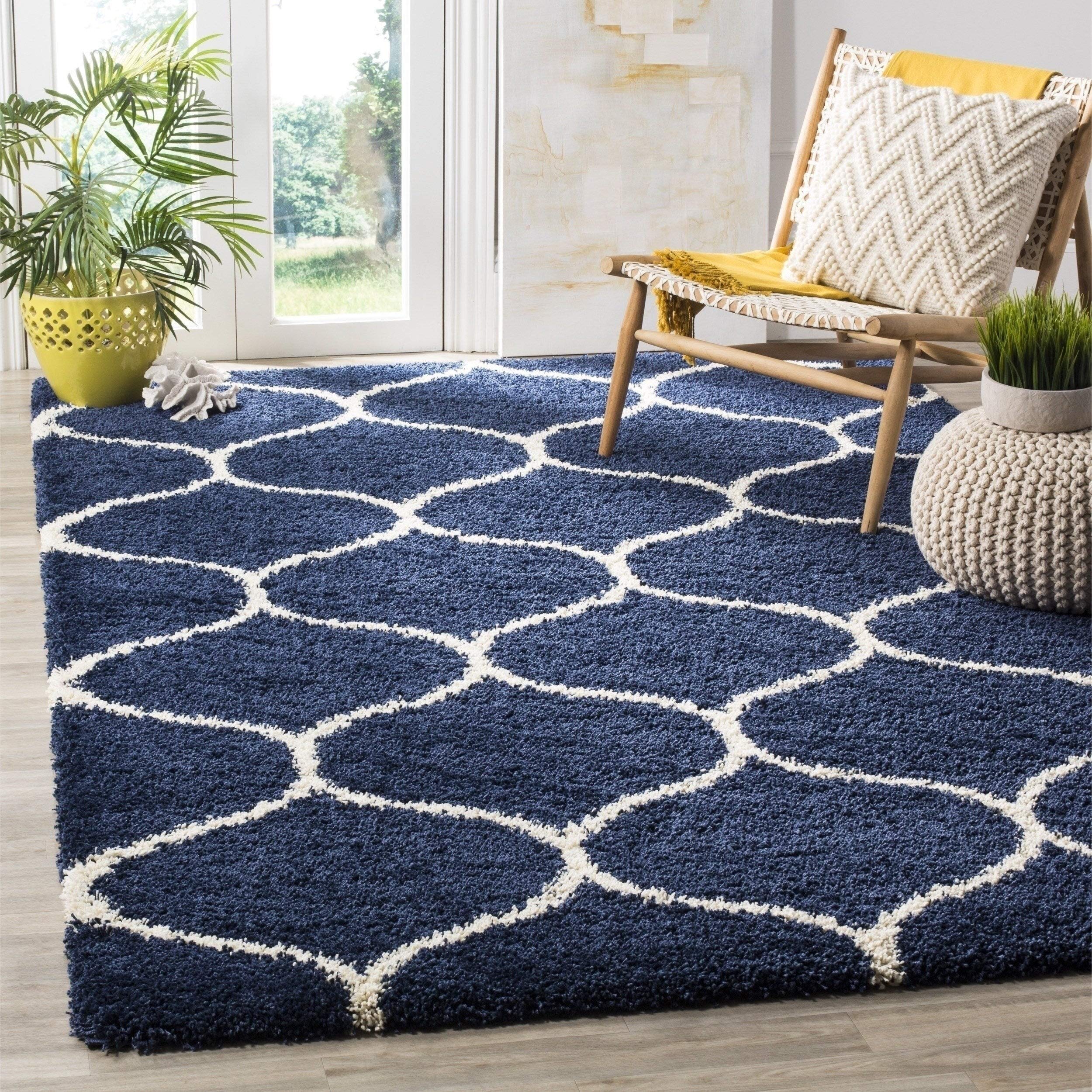 HassanCarpet Collection Soft Handwoven Fiber Modern Rug California Plain Premium Shaggy with Plain Color 5 cm Pile Height for Home and Bedroom (3x5 feet, Navy & Ivory)