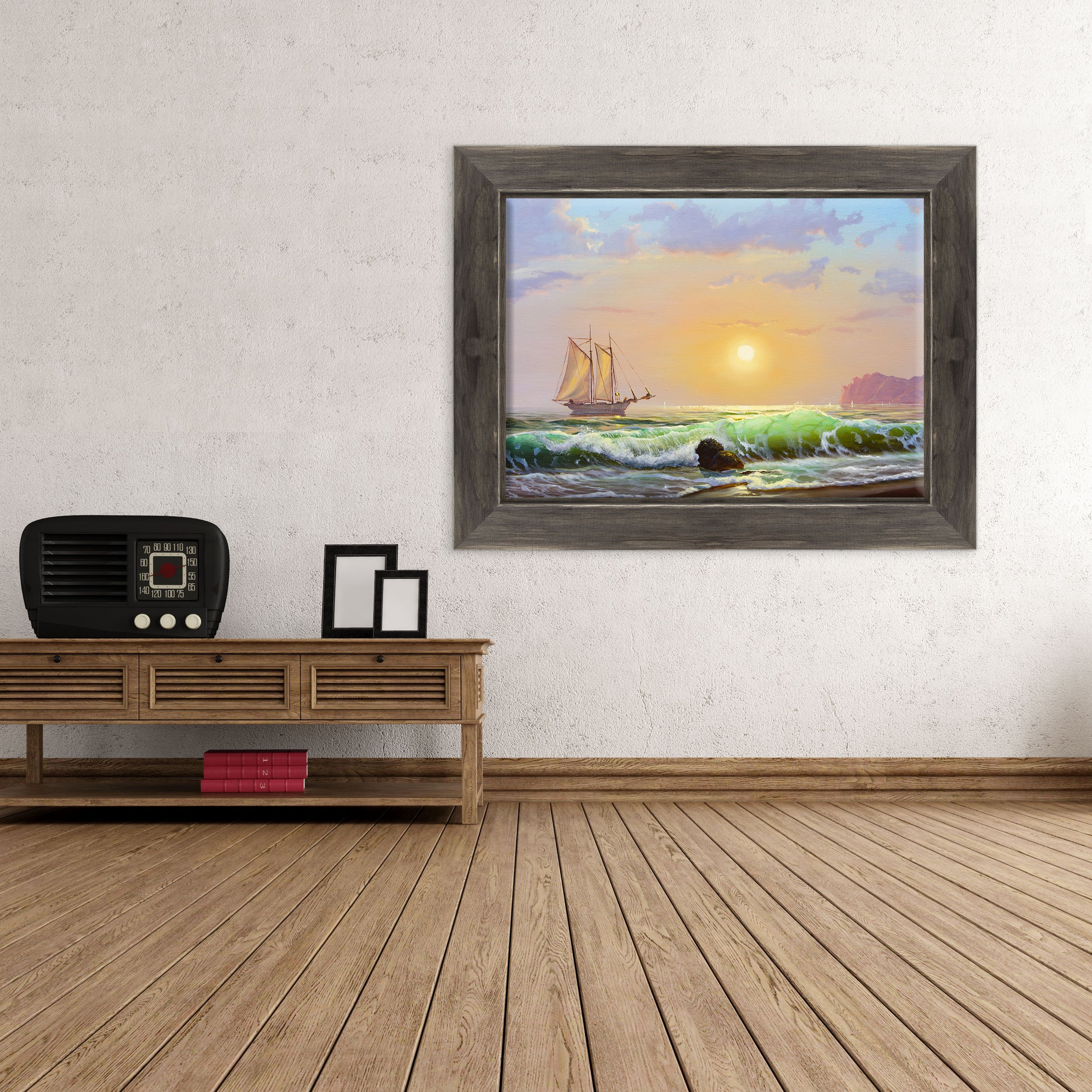 QUADRO SU TELA CANVAS INTELAIATO - CON CORNICE - Veliero in mare aperto - 30x40cm - Stile Country Nero Shabby - (cod.1705)