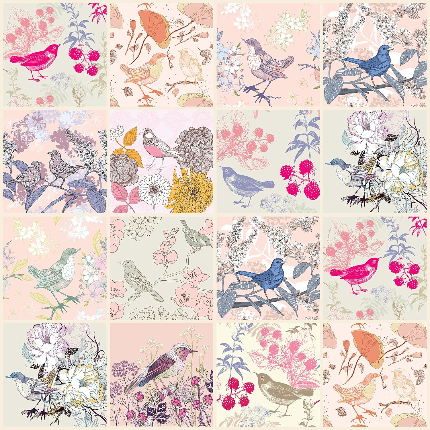 IRI-GIRI Peel and Stick Backsplash Tile Stickers | 4x4 Inch Waterproof Vinyl Wall Decals for Kitchen & Bathroom | Self-Adhesive Removable DIY Tiles, Vintage Birds 1298-IG, Pack of 24