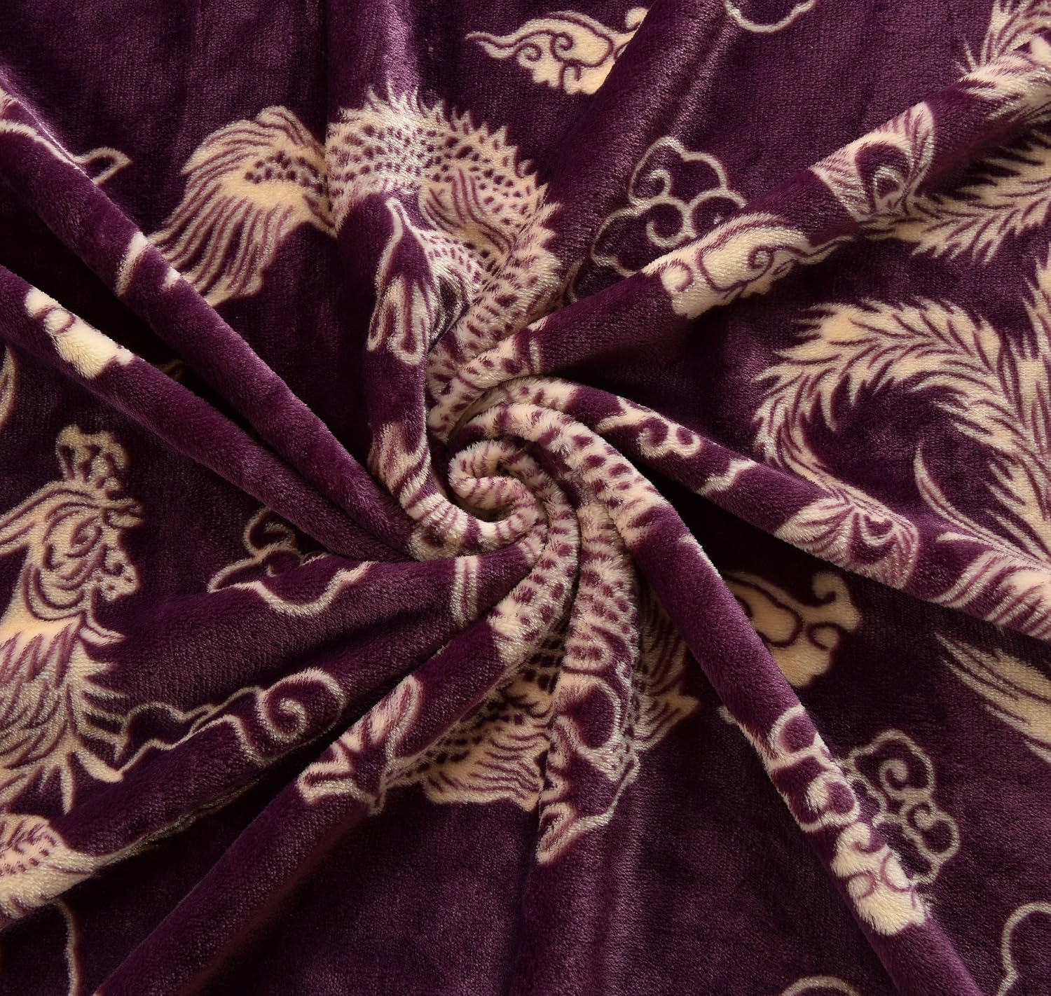 CaliTime Super Soft Throw Blanket for Bed Sofa Couch, Cozy Warm Flannel Fleece Chinese Vintage Dragon Phoenix & Auspicious Clouds, Eggplant, Full